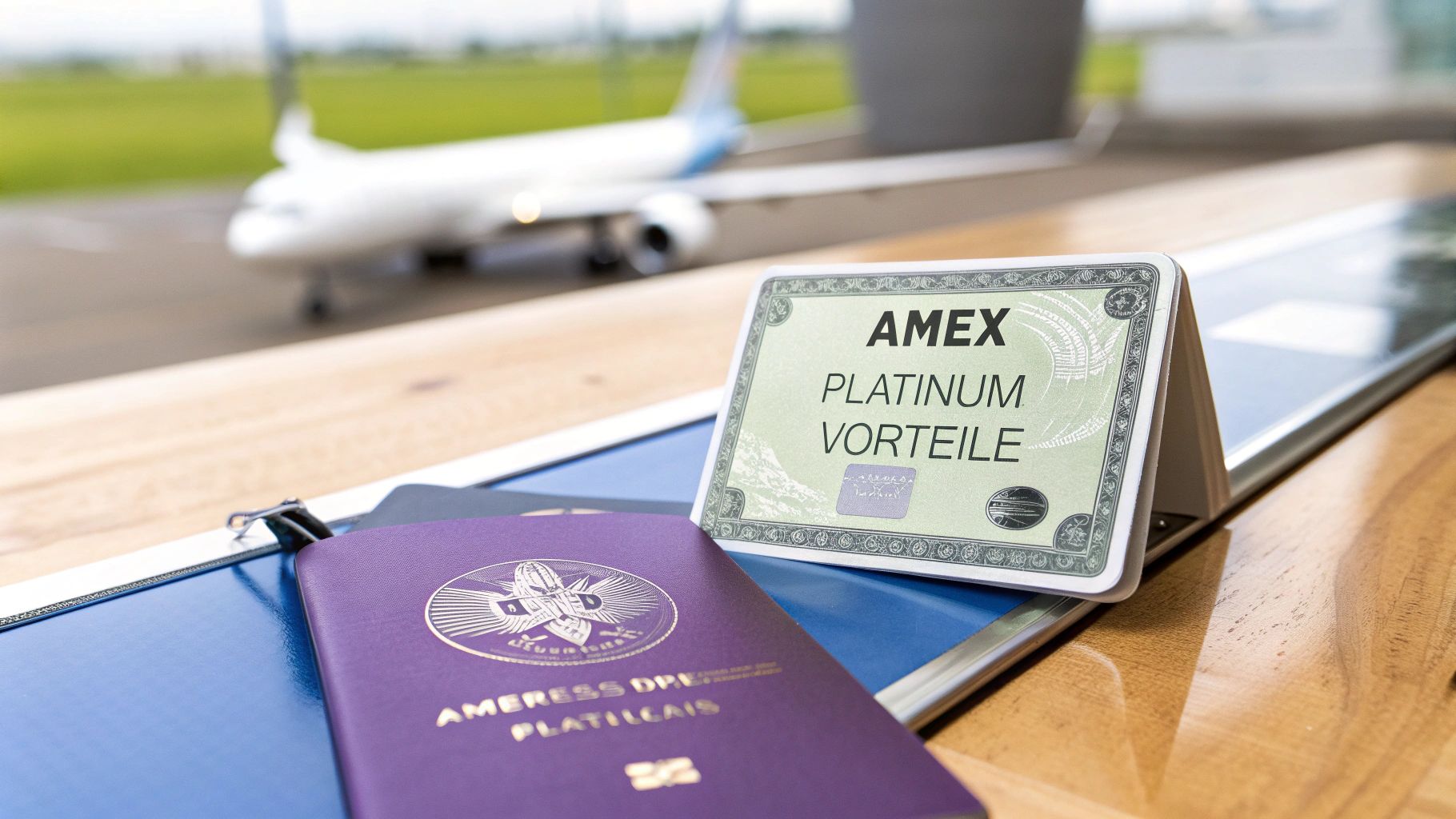 Amex Platinum Vorteile Karte und Reisepass auf einem Tisch am Flughafen mit Flugzeug im Hintergrund.