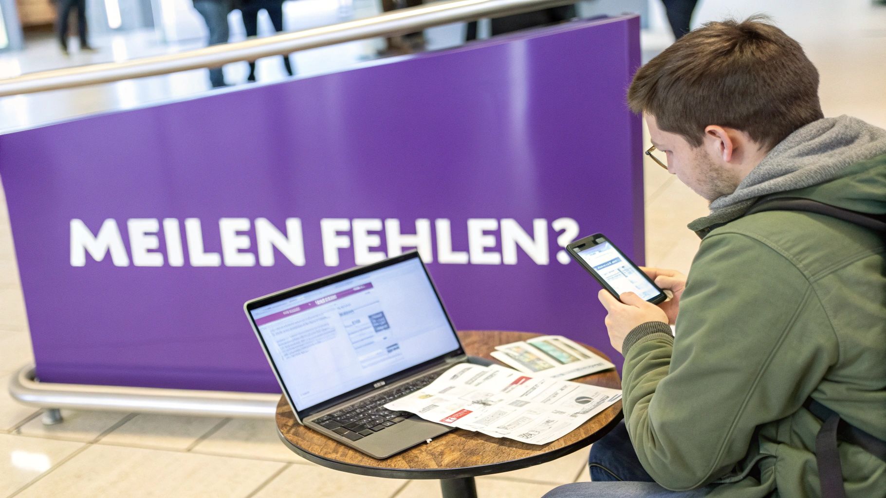 Ein Mann überprüft auf seinem Smartphone und Laptop seine Meilen, vor einem lila Schild mit 'Meilen fehlen?'.