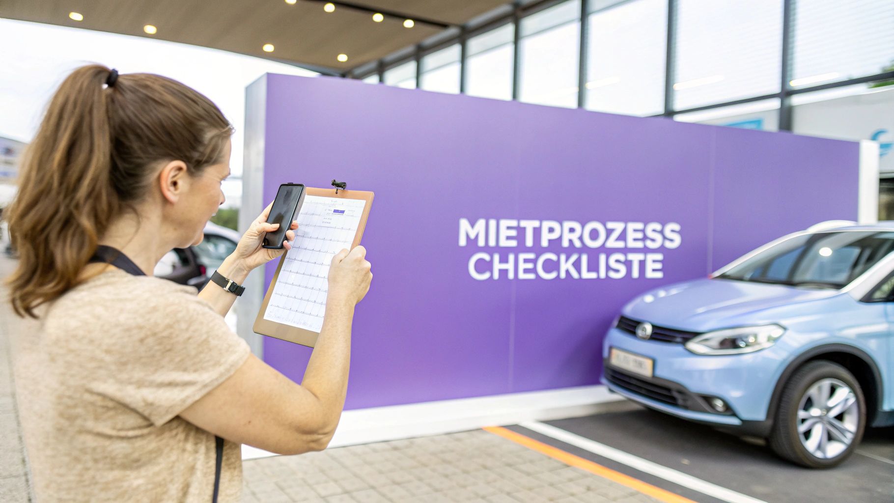 Eine Frau überprüft mit Smartphone und Checkliste den Mietprozess vor einem Auto.
