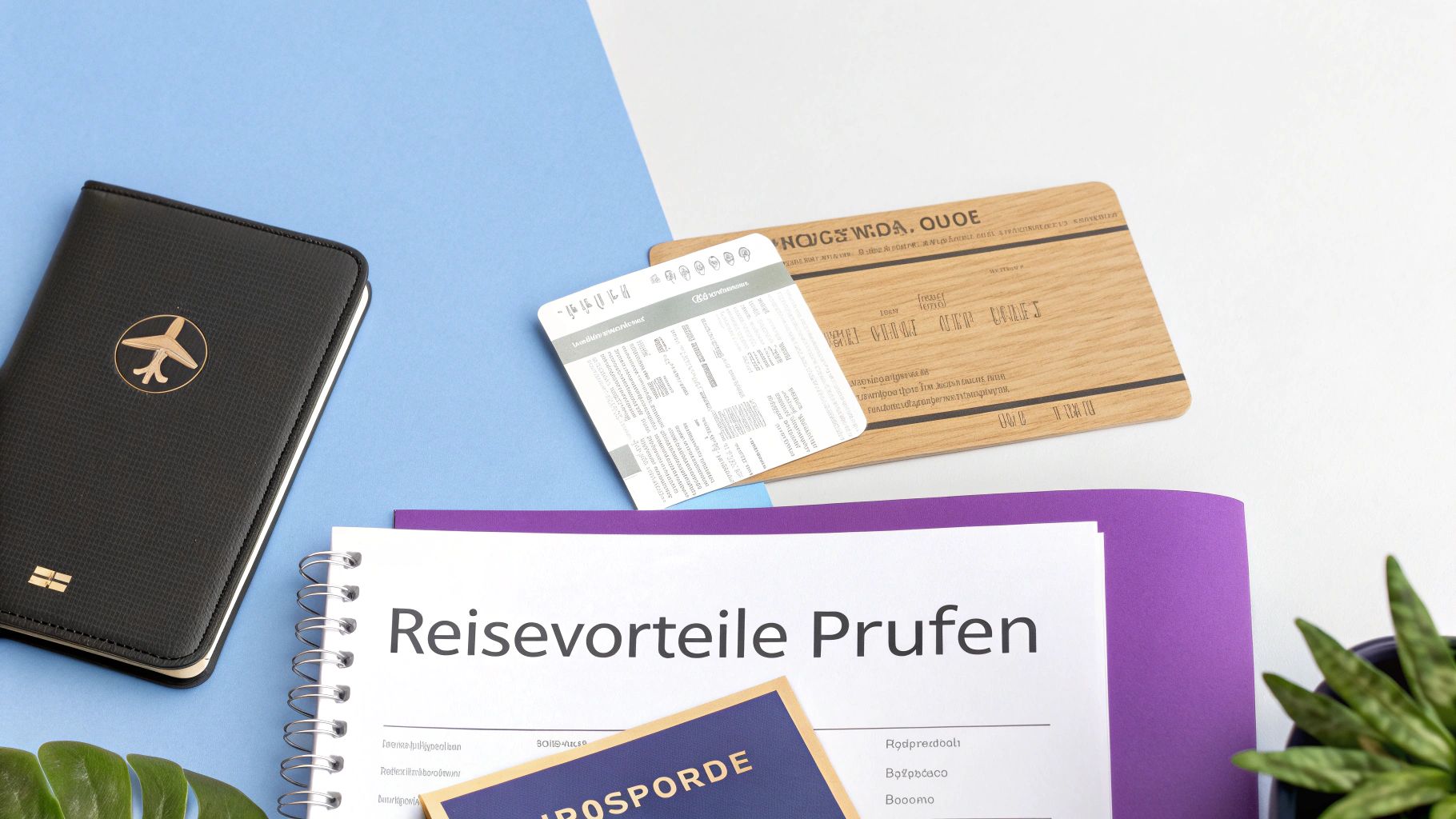 Flachauflage von Reisedokumenten und Notizbuch mit dem Text 'Reisevorteile Prüfen' auf blau-weißem Hintergrund.