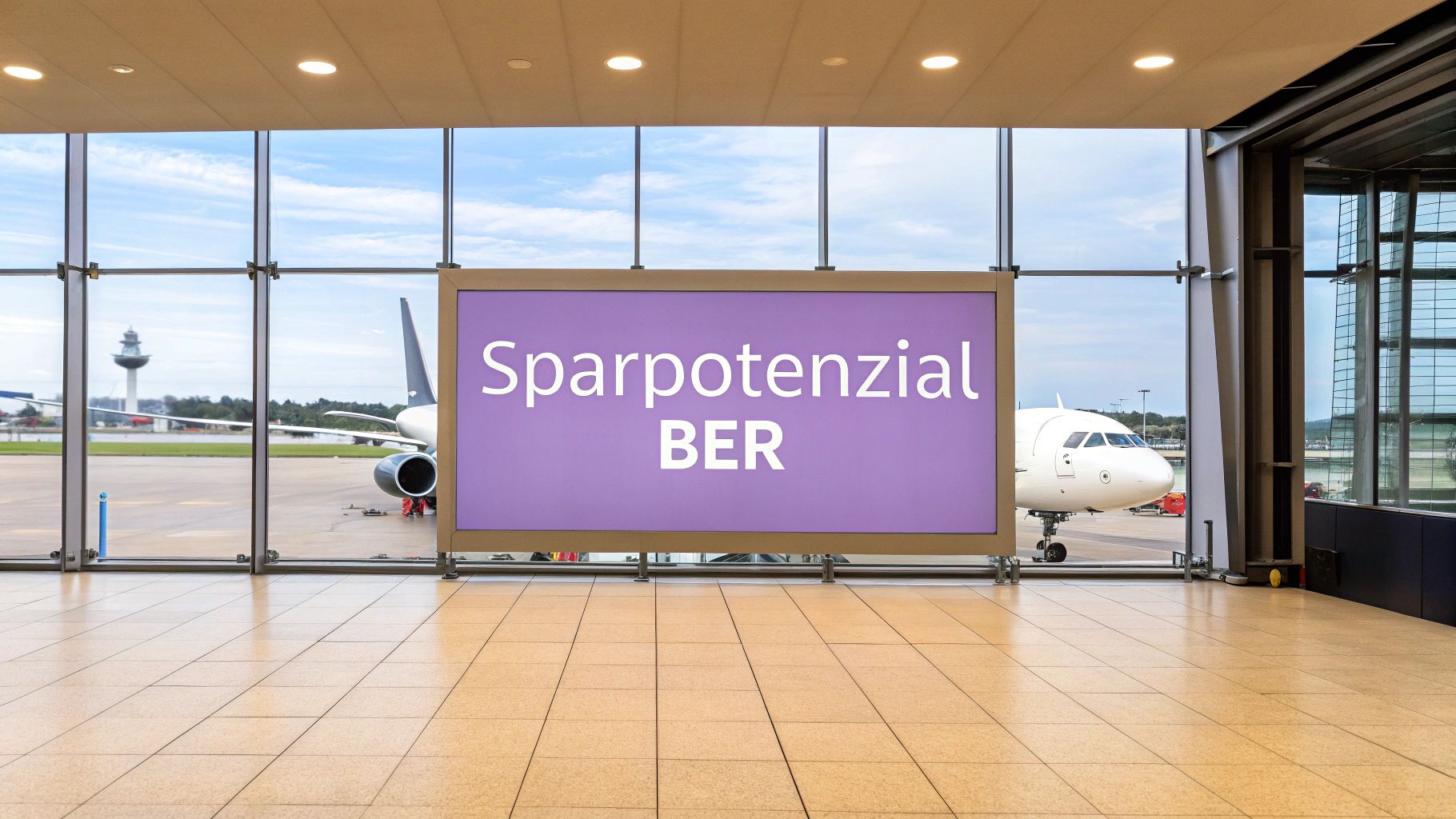 Großes Schild mit der Aufschrift 'Sparpotenzial BER' vor einem Flughafenfenster mit Blick auf Flugzeuge und Kontrollturm.