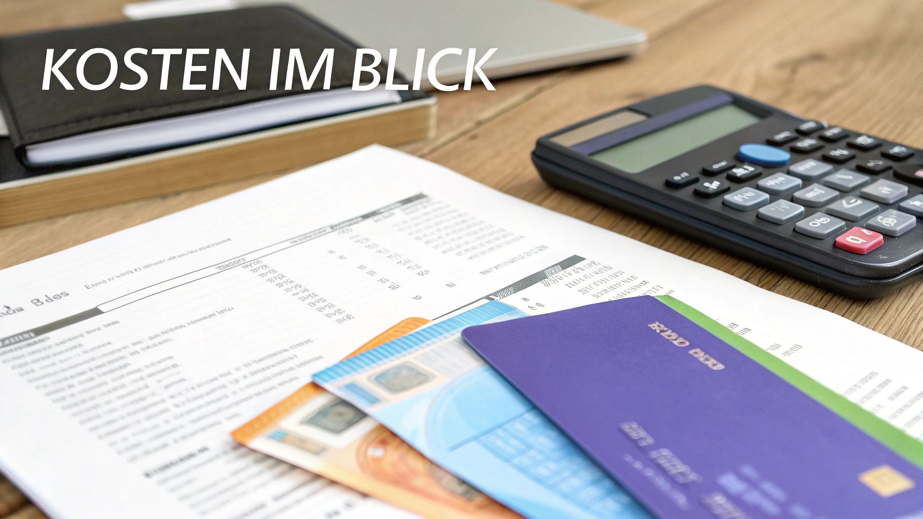 Ein Schreibtisch mit Dokumenten, Kreditkarten, Euro-Banknoten und einem Taschenrechner. Der Text "KOSTEN IM BLICK" ist eingeblendet.