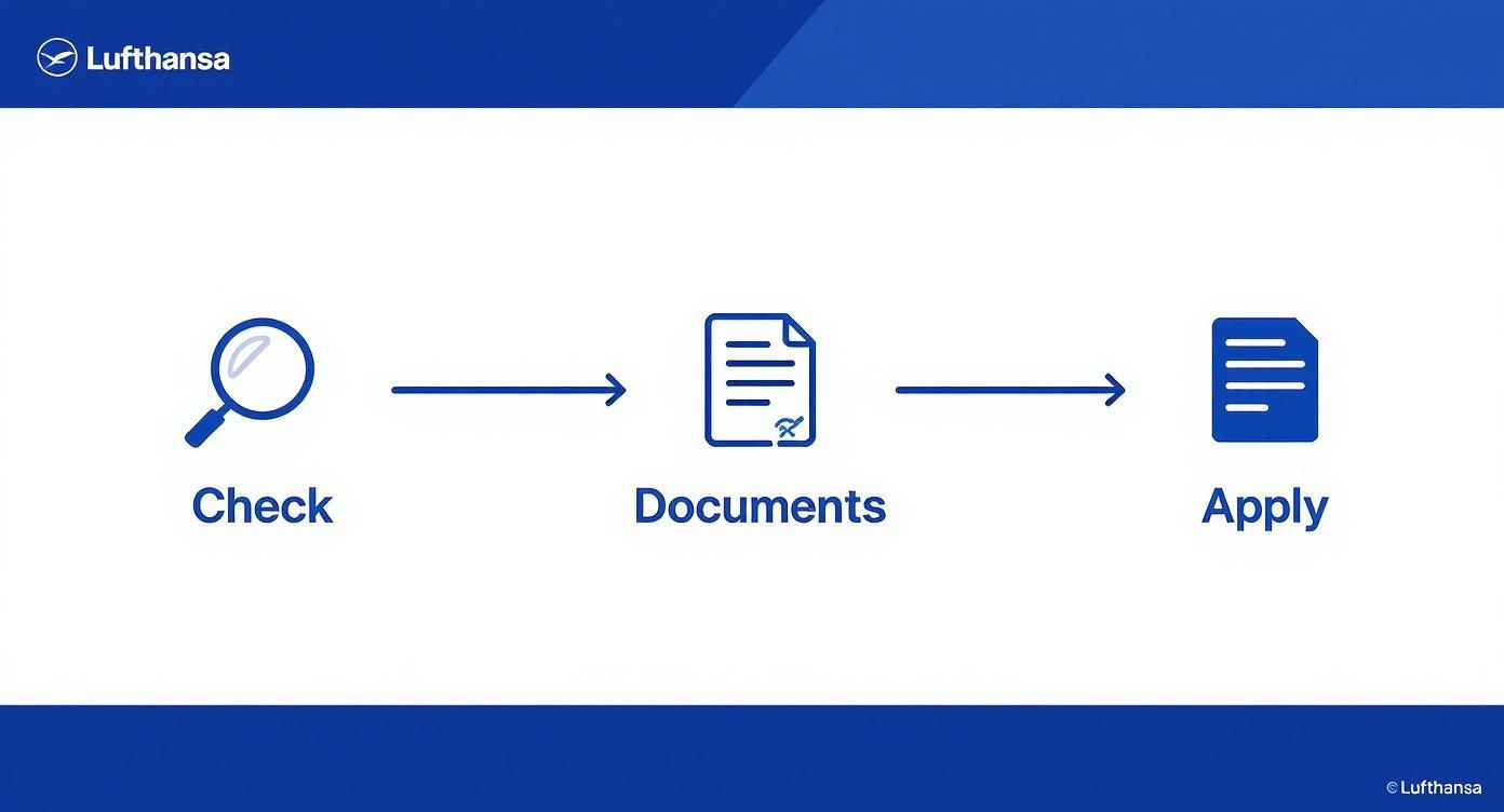 Eine Prozessdarstellung in drei Schritten: Prüfen (Lupe), Dokumente (Dokumentensymbol) und Anwenden (ausgefülltes Dokument).