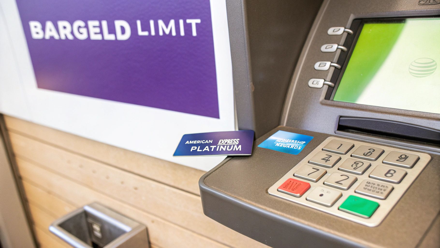 Eine American Express Platinum Karte liegt auf dem Tastenfeld eines Geldautomaten neben einem Bargeld-Limit-Schild.