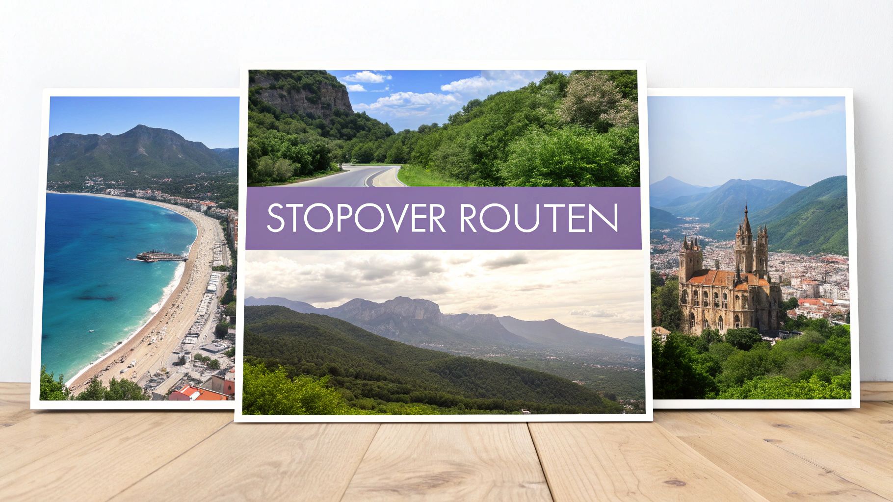 Drei Reisefotos mit 'STOPOVER ROUTEN'-Banner: Küstenstadt, Bergstraße und beeindruckende Kirche mit Talblick.