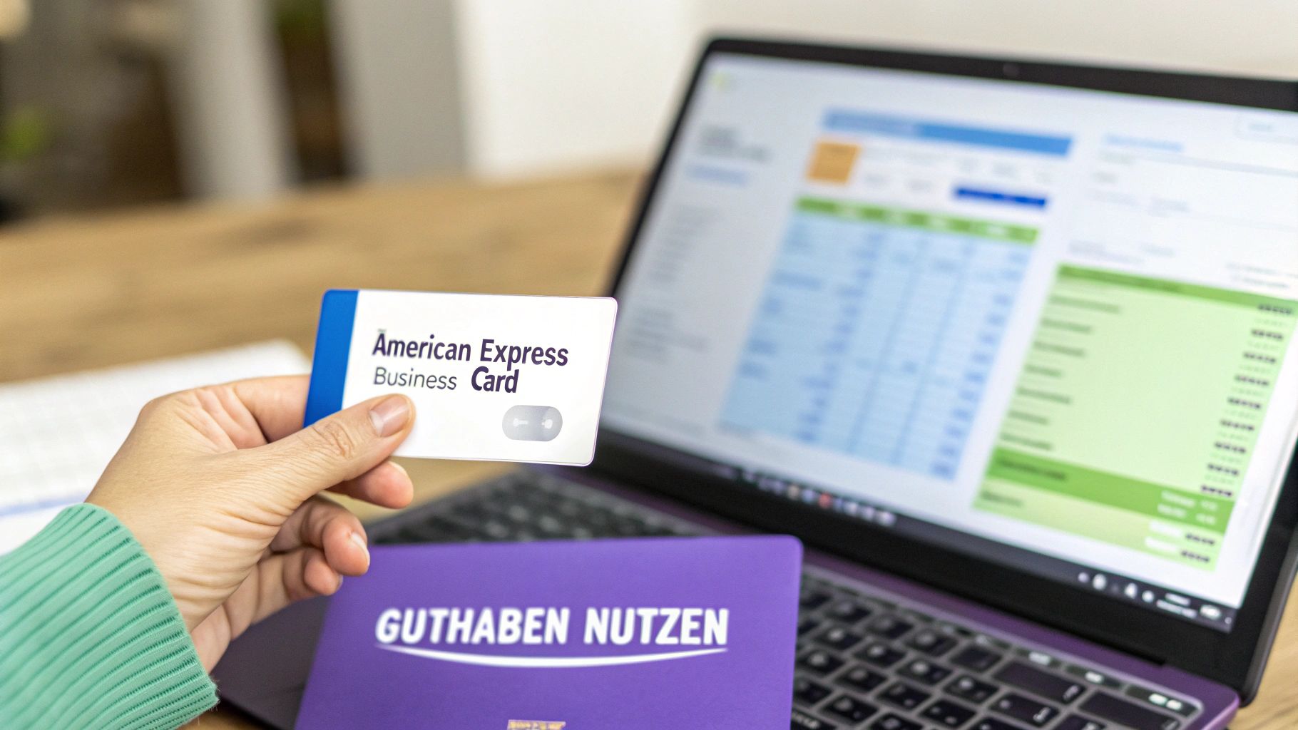 Ein Unternehmer arbeitet am Laptop, während im Vordergrund eine Amex Business Karte liegt, was die Verbindung von Geschäftsausgaben und Vorteilen symbolisiert