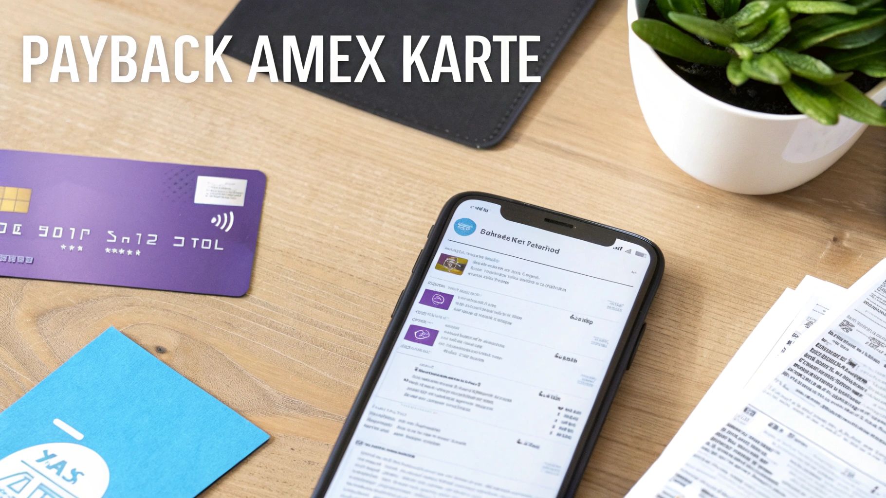 Bürotisch mit lila Payback Amex Karte, Smartphone, blauer Karte, Dokumenten und einer Pflanze.