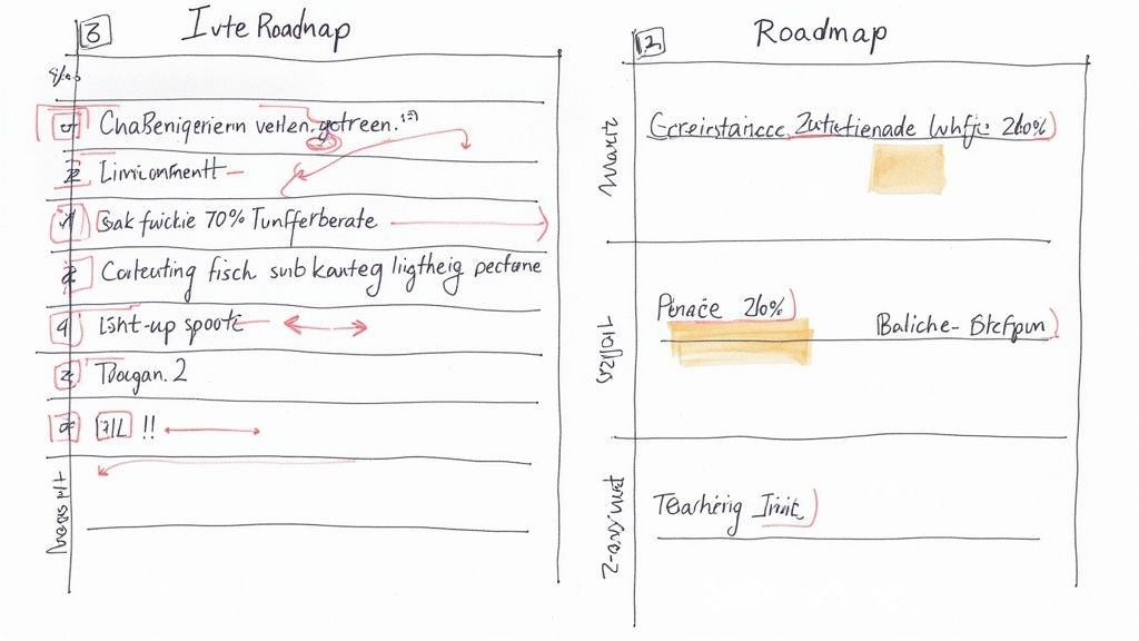 Handgeschriebene Roadmap mit Aufgaben und Zeitachsen für Projektplanung auf zwei Seiten