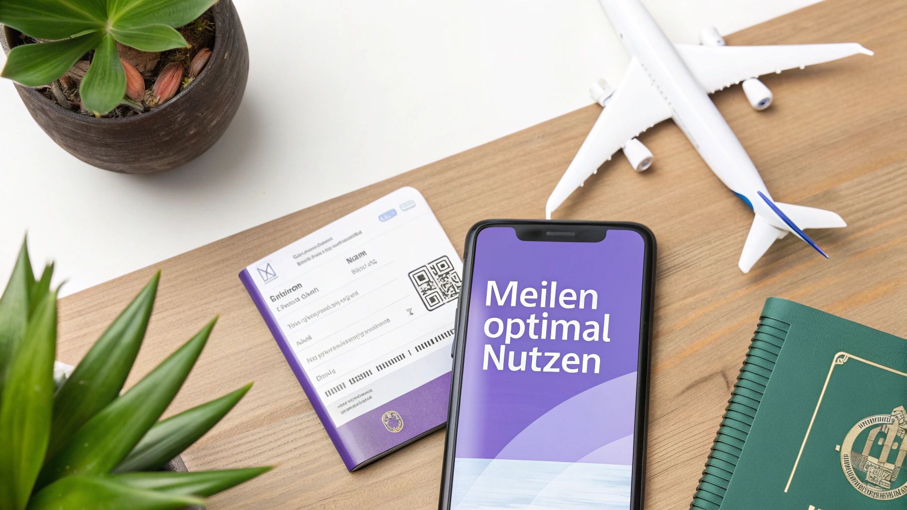 Reisevorbereitung mit Smartphone, Bordkarte, Flugzeugmodell und Reisepass auf einem Holztisch.