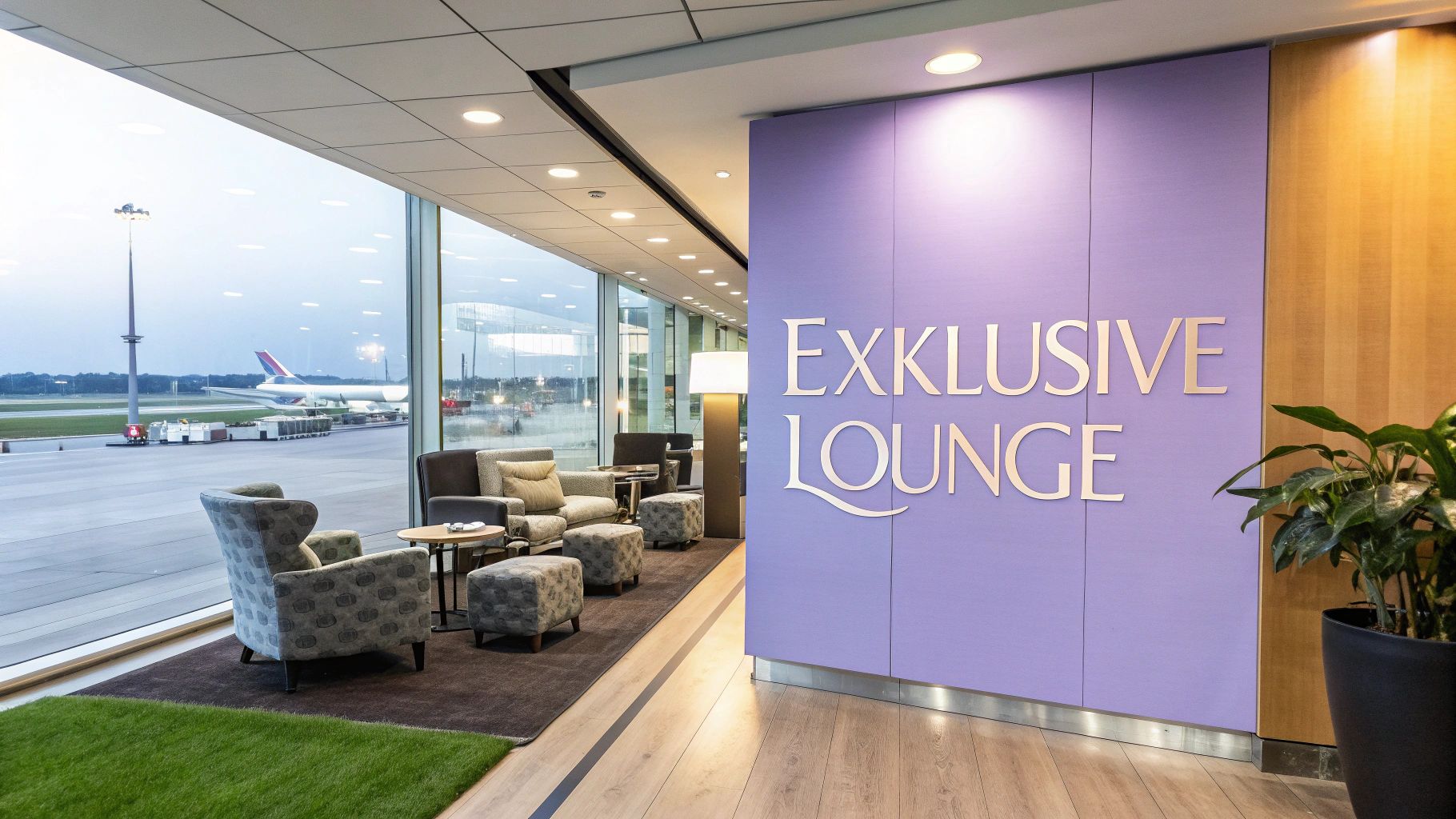 Ein luxuriöser Flughafen-Lounge-Bereich mit bequemen Sitzen, Blick auf ein Flugzeug und der Aufschrift "EXKLUSIVE LOUNGE".