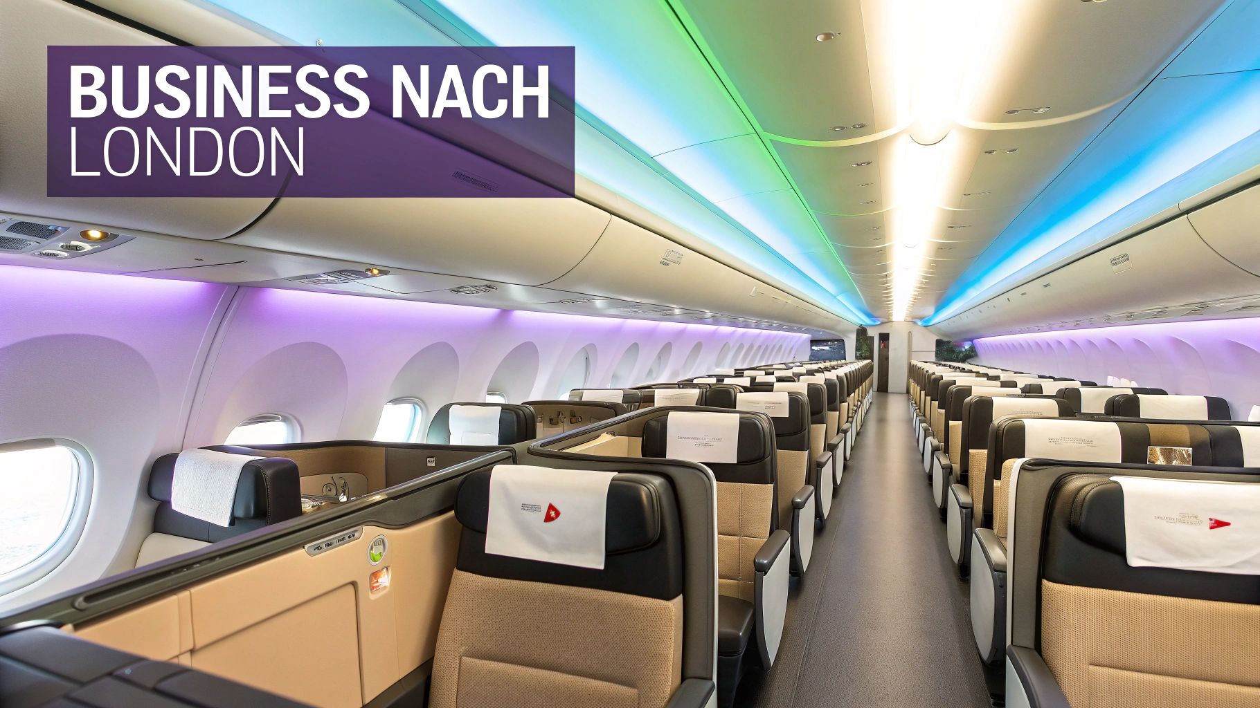 Business Class Kabine eines Flugzeugs mit beigen Sitzen und bunter LED-Beleuchtung an der Decke