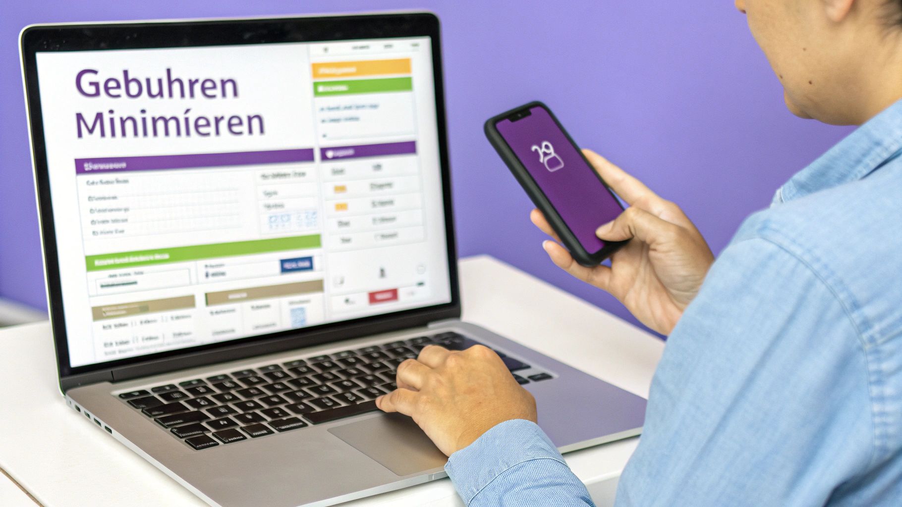Eine Person minimiert Gebühren am Laptop und nutzt dabei ein Smartphone mit lila App.