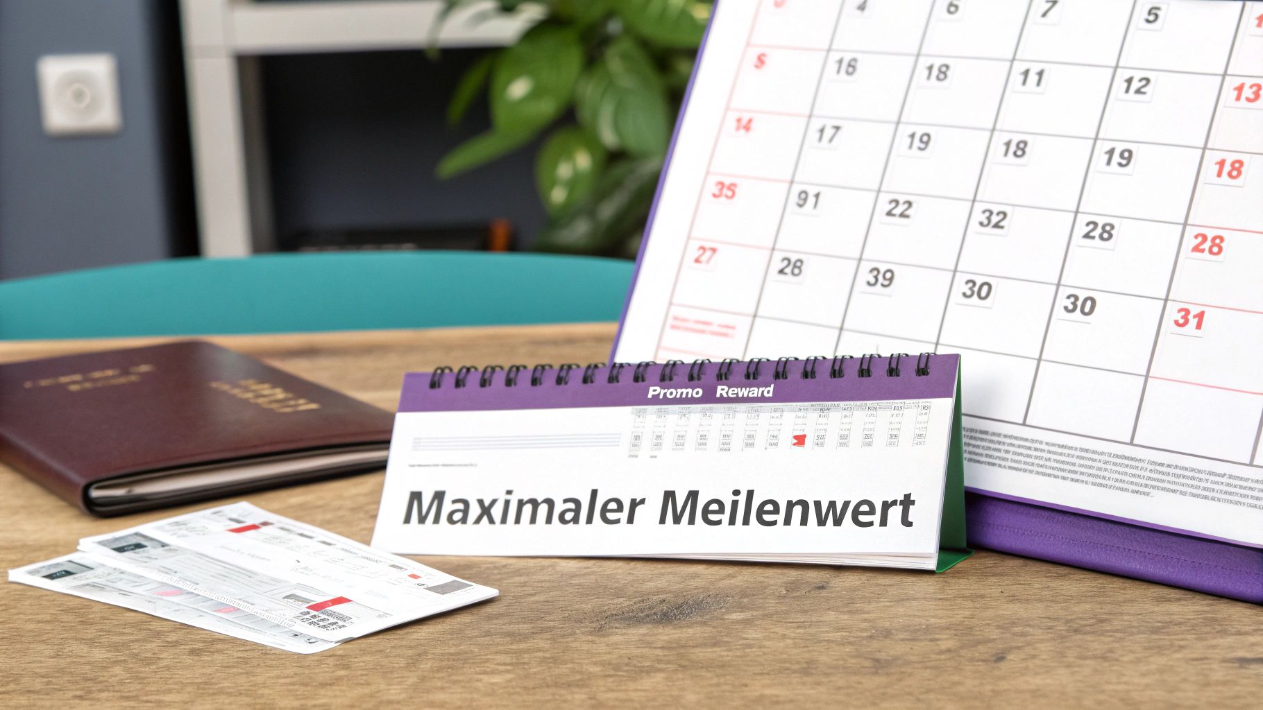 Schreibtisch mit zwei Kalendern, einem Notizbuch und Tickets, die den "maximalen Meilenwert" hervorheben.