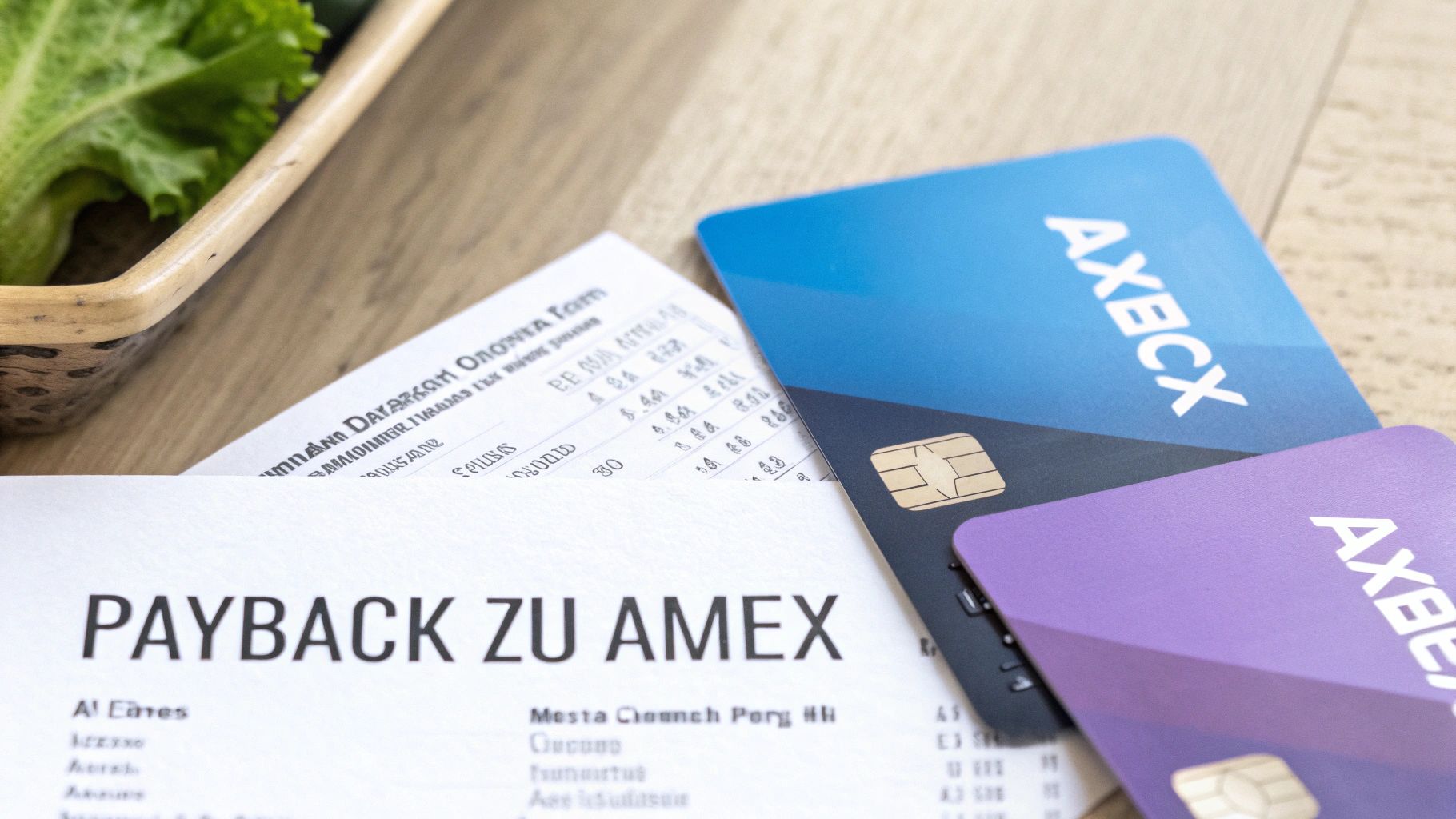 Eine Person hält eine American Express Karte und eine PAYBACK Karte nebeneinander, mit einem Einkaufskorb voller Lebensmittel im unscharfen Hintergrund.