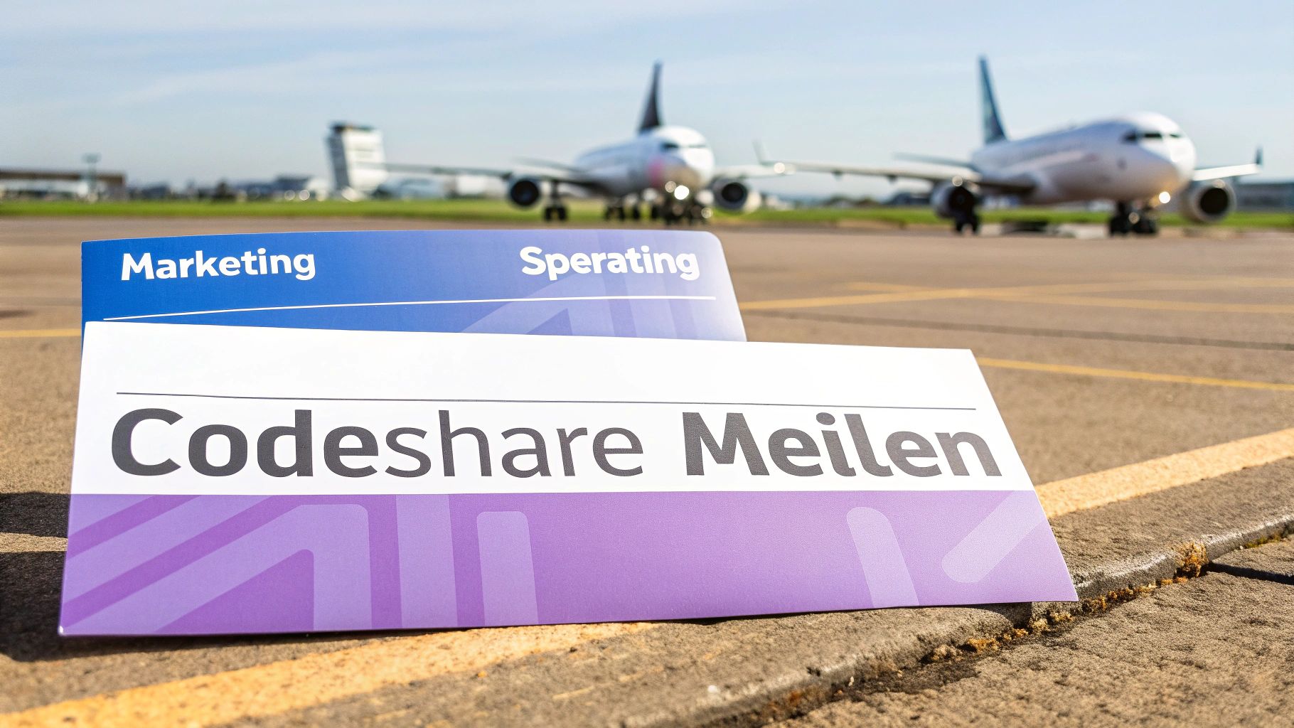 Schilder am Flughafen mit den Aufschriften 'Marketing', 'Sperating' und 'Codeshare Meilen' vor Flugzeugen.
