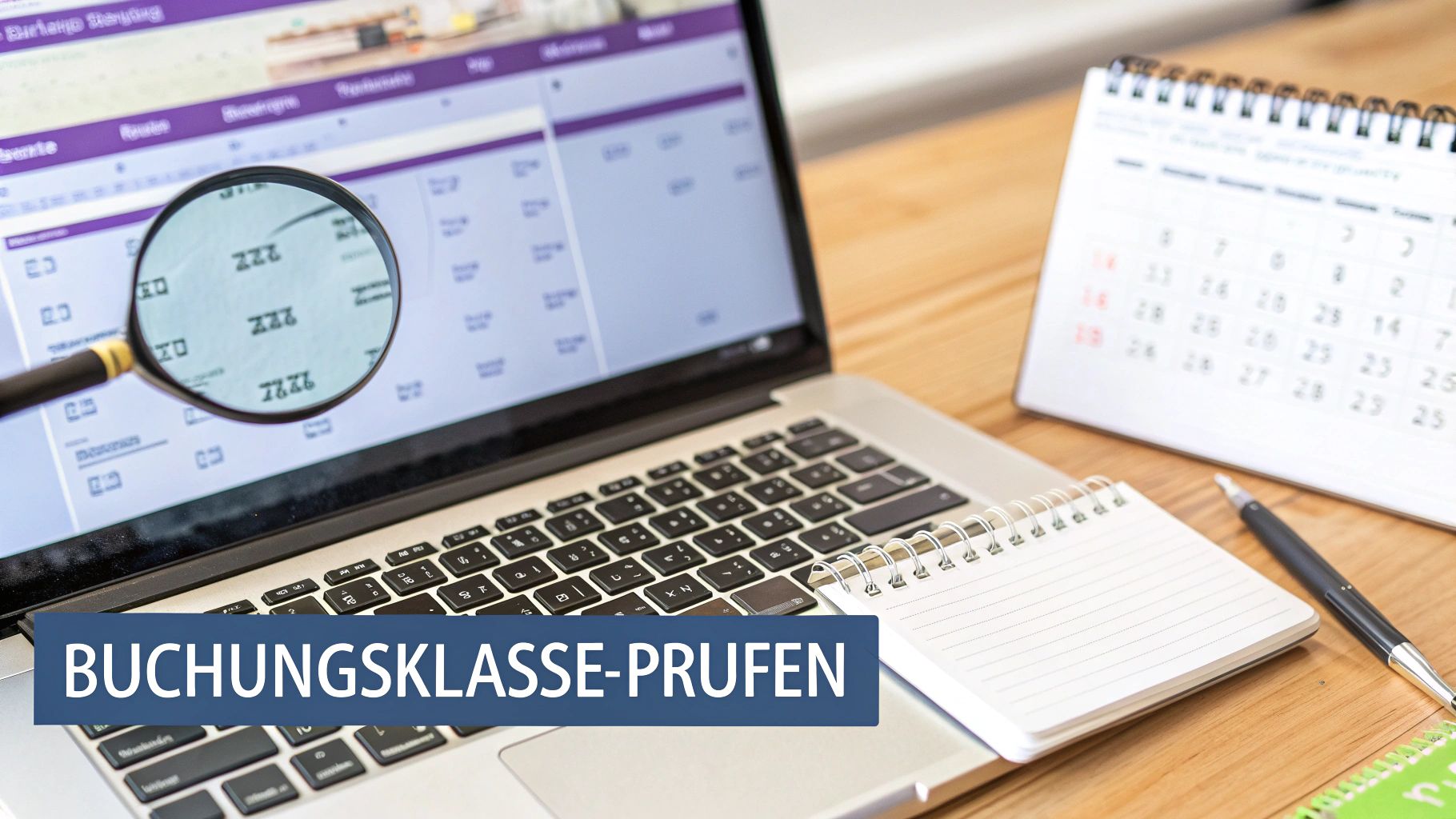 Laptop mit Lupe auf dem Bildschirm, Kalender, Notizbuch und Stift auf einem Holztisch, mit Text „BUCHUNGSKLASSE-PRÜFEN