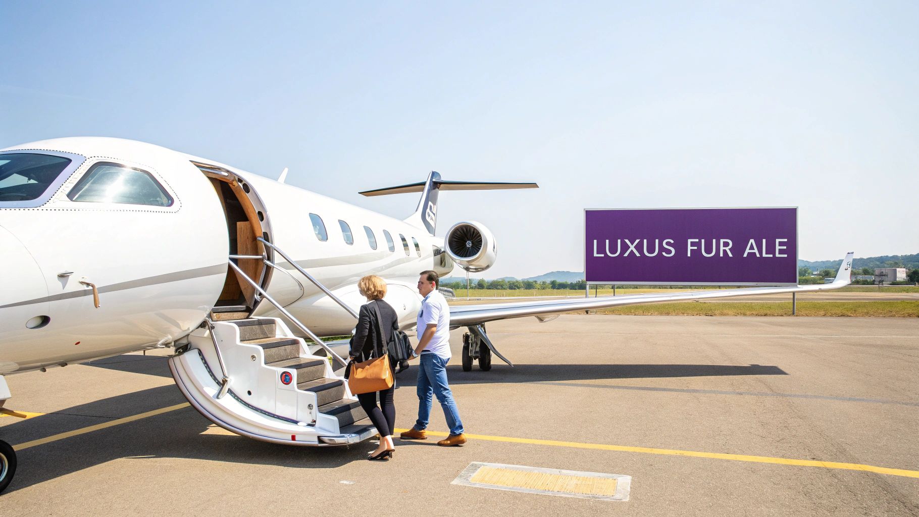 Eine Frau schaut nachdenklich aus dem Fenster eines Privatjets.