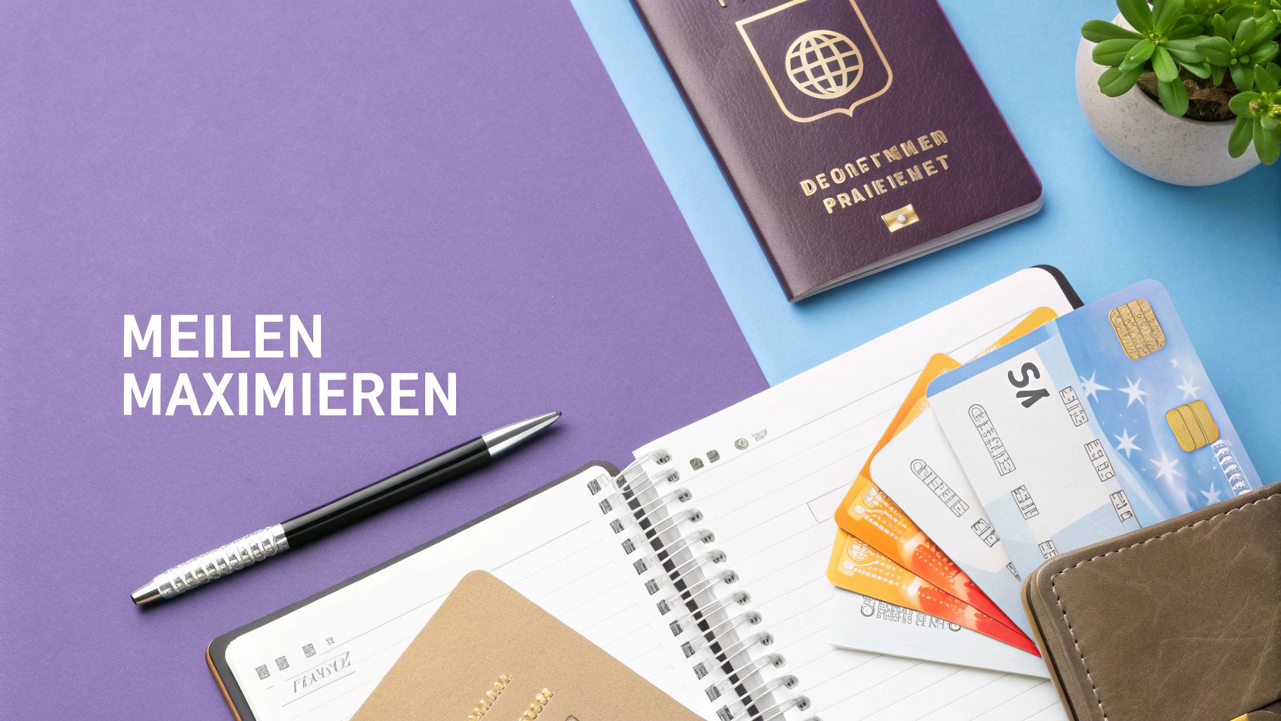 Nahaufnahme von MEILEN MAXIMIEREN Text, einem Reisepass, Kreditkarten und einem Notizbuch auf einem Schreibtisch.
