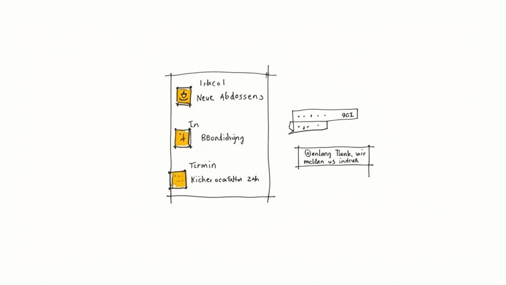 Handgezeichnete Skizze einer mobilen Benutzeroberfläche mit einer Liste von Benachrichtigungen und einem Chatfenster.