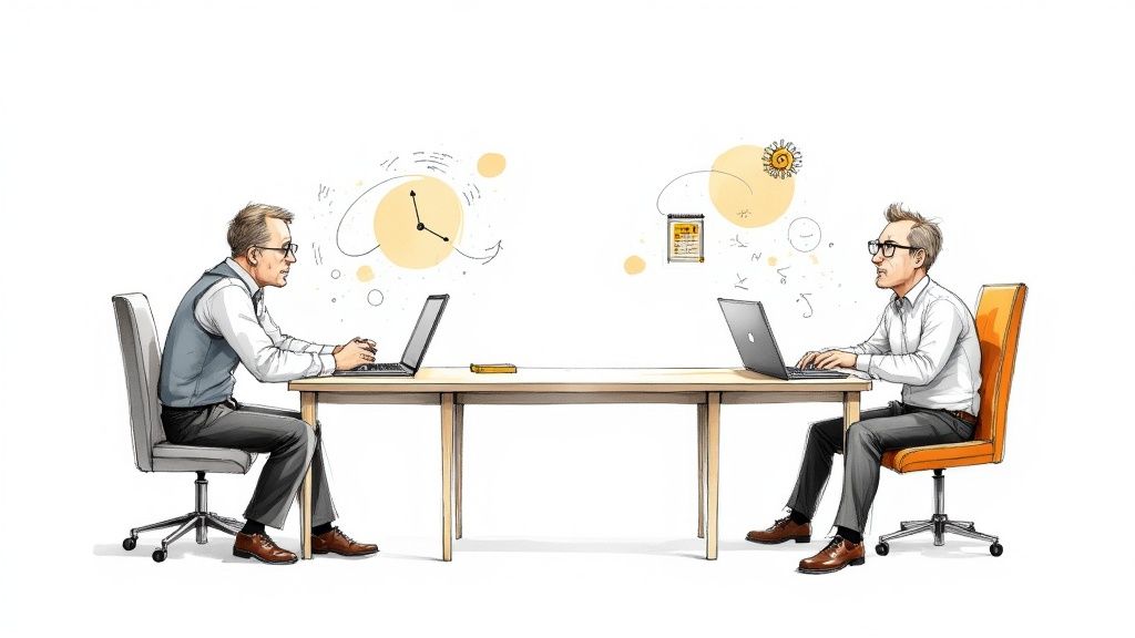 Zwei Geschäftsleute arbeiten mit Laptops am Schreibtisch, digitale Symbole illustrieren moderne Zusammenarbeit