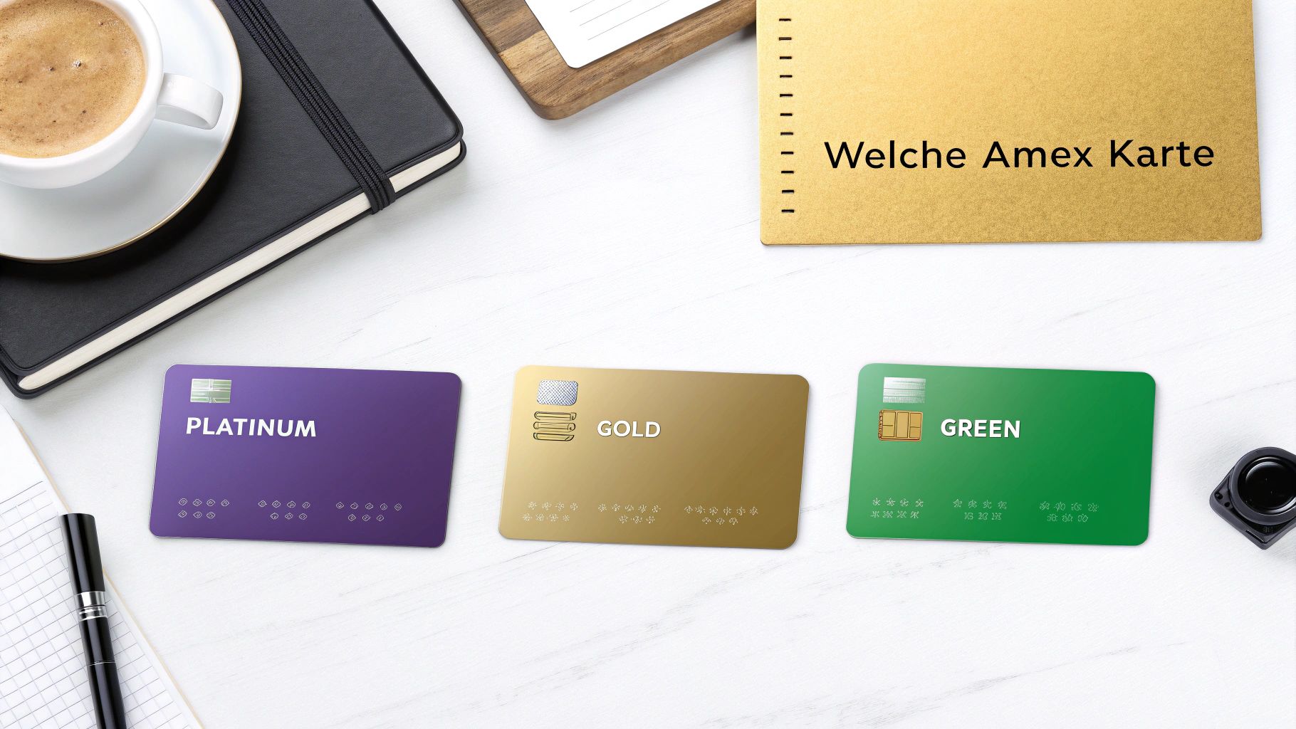 Drei Amex Kreditkarten: Platinum, Gold und Green, übersichtlich auf einem Schreibtisch präsentiert.