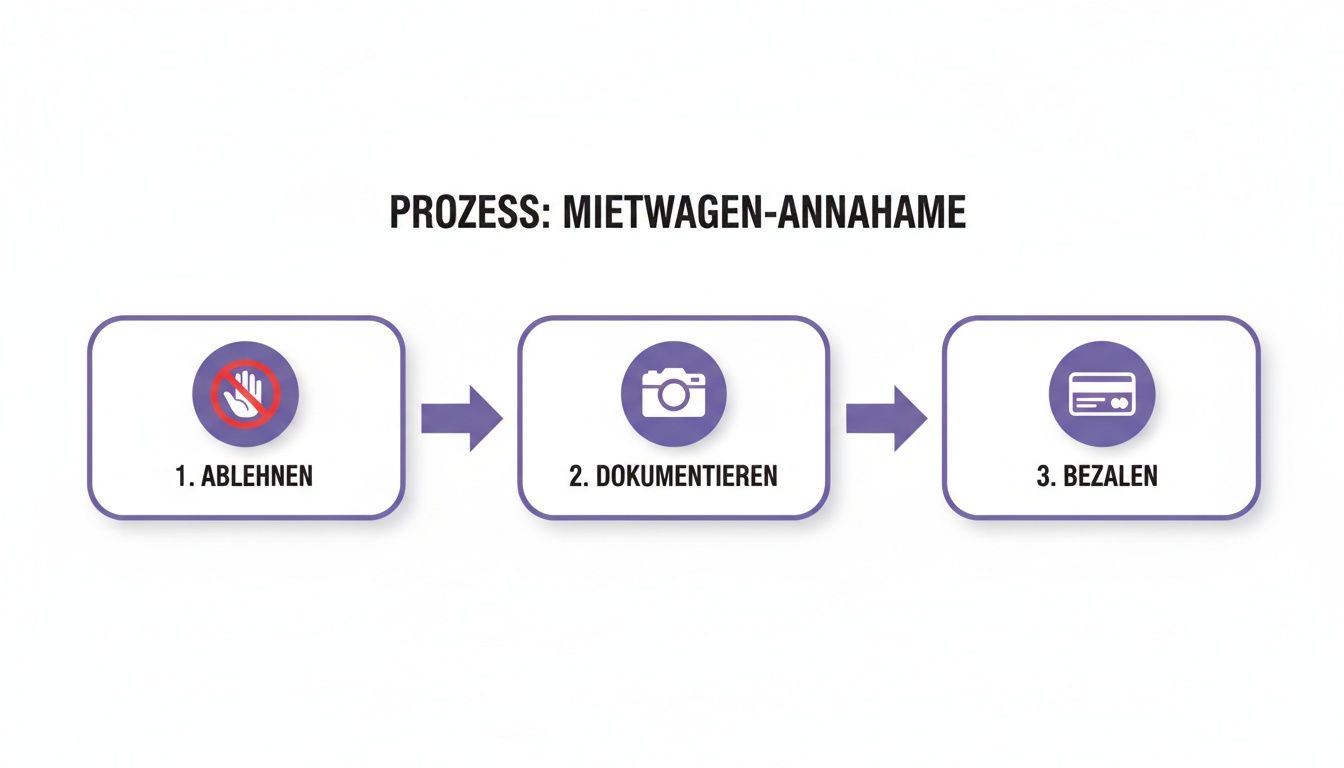 Ein Flussdiagramm zeigt den Prozess der Mietwagen-Annahme in drei Schritten: Ablehnen, Dokumentieren, Bezahlen.