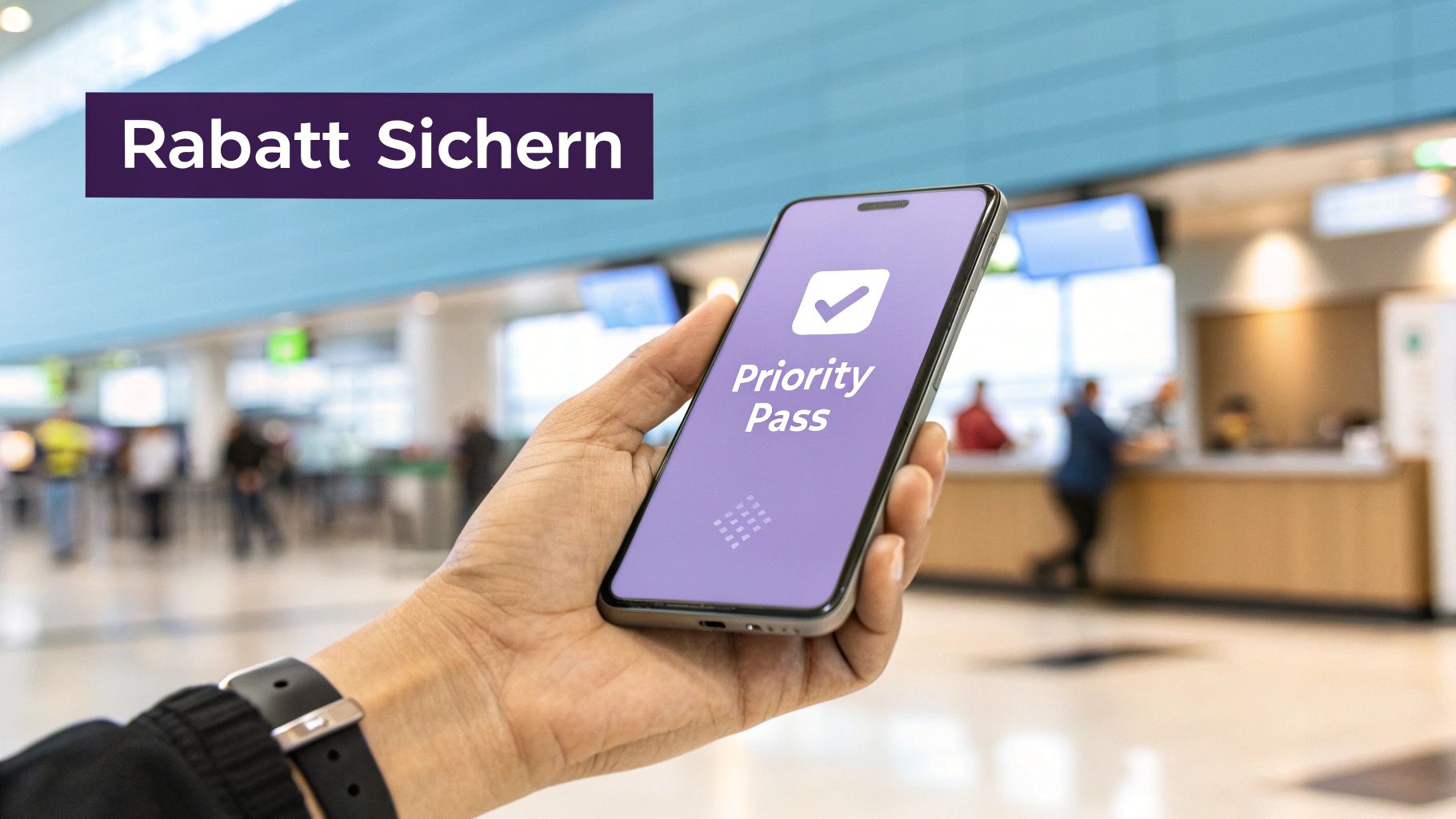 Hand hält Smartphone mit Priority Pass App im Flughafenterminal, Rabatt sichern