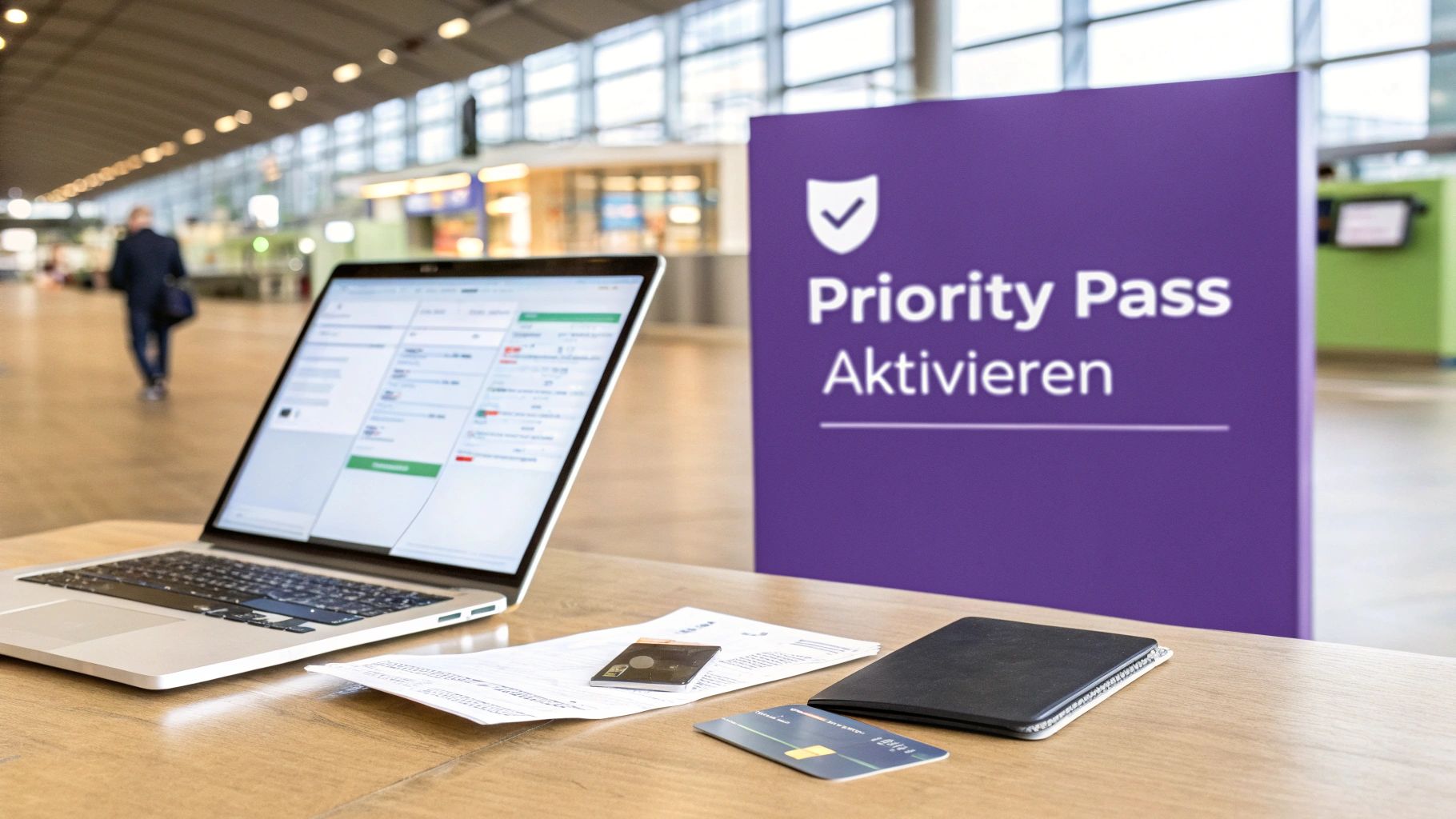 Laptop, Dokumente und Kreditkarte auf Tisch vor "Priority Pass Aktivieren"-Schild in einem Flughafen.