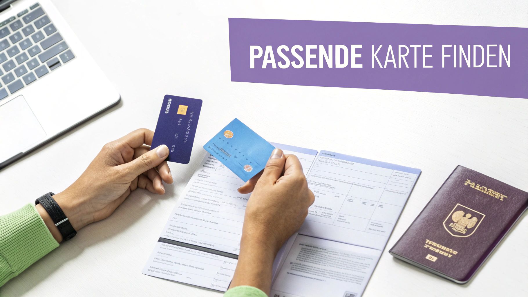 Eine Person vergleicht verschiedene Kreditkarten an einem Laptop, um die beste für ihre Reisepläne zu finden.