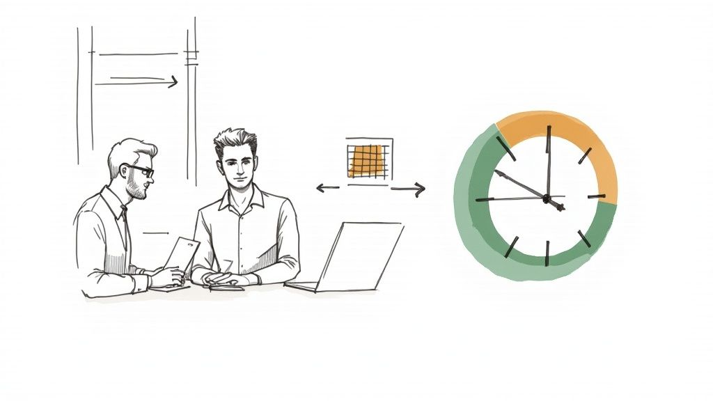 Zwei Geschäftsleute diskutieren digitale Zeiterfassung und Terminplanung mit Kalender und Uhr-Visualisierung