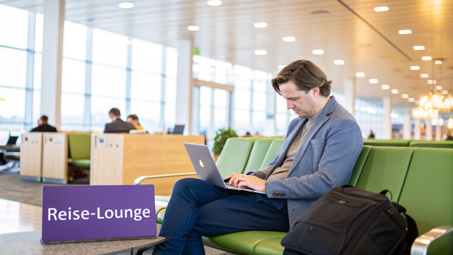 Eine Person entspannt sich in einer modernen Flughafenlounge mit Blick auf das Rollfeld.