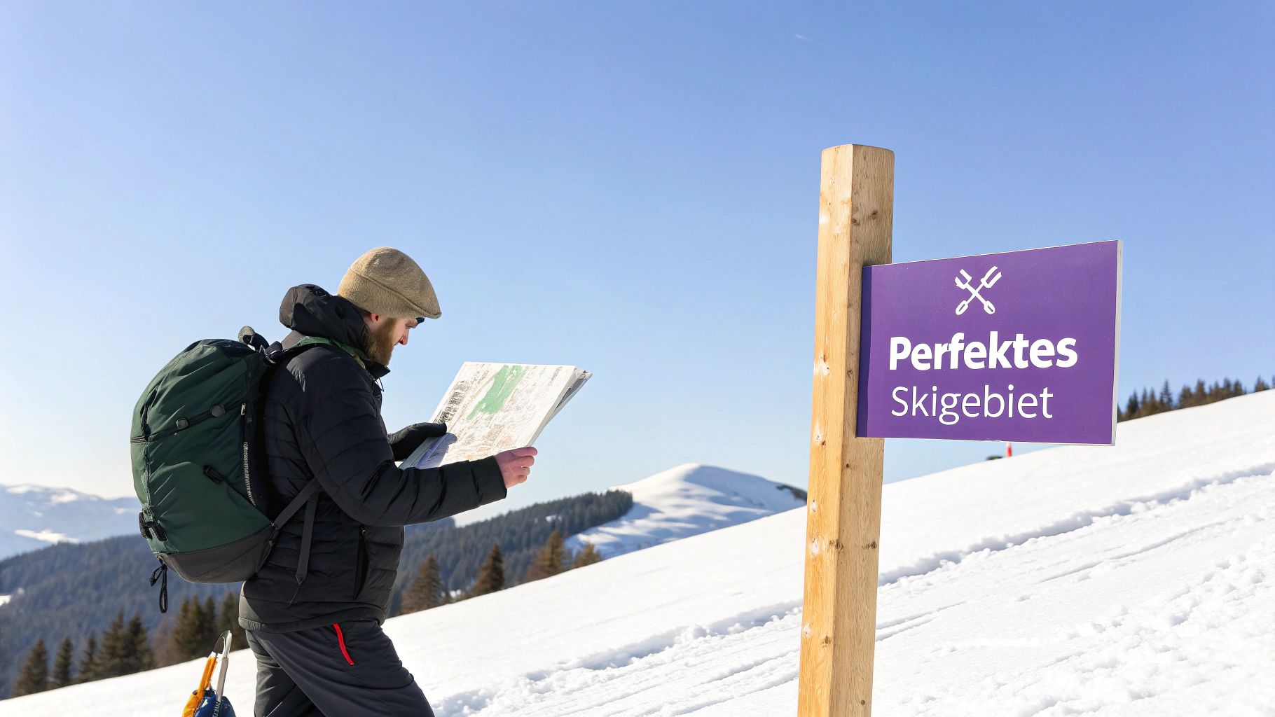 Ein Mann mit Rucksack und Mütze studiert eine Karte in einem verschneiten Skigebiet mit einem Schild.