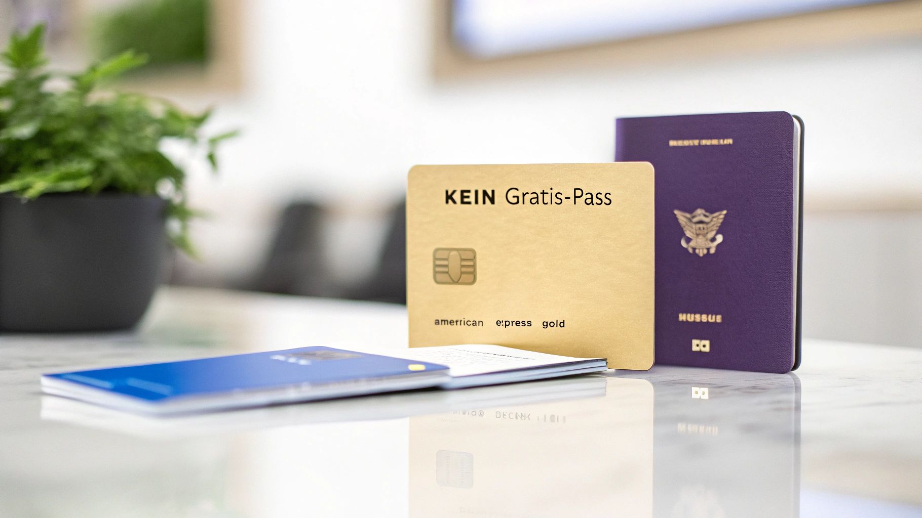 American Express Gold Kreditkarte neben Reisepass und anderen Karten auf Schreibtisch mit Pflanze im Hintergrund