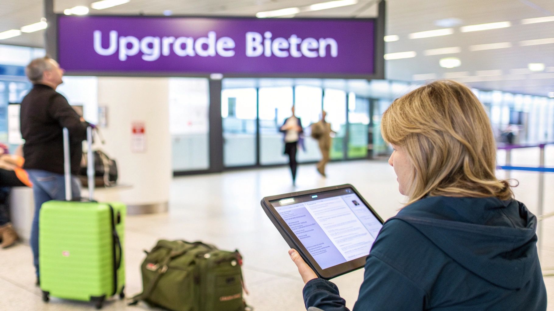 Eine Frau betrachtet ein Tablet in einem Flughafen, im Hintergrund ein Mann mit Gepäck und ein Schild „Upgrade Bieten