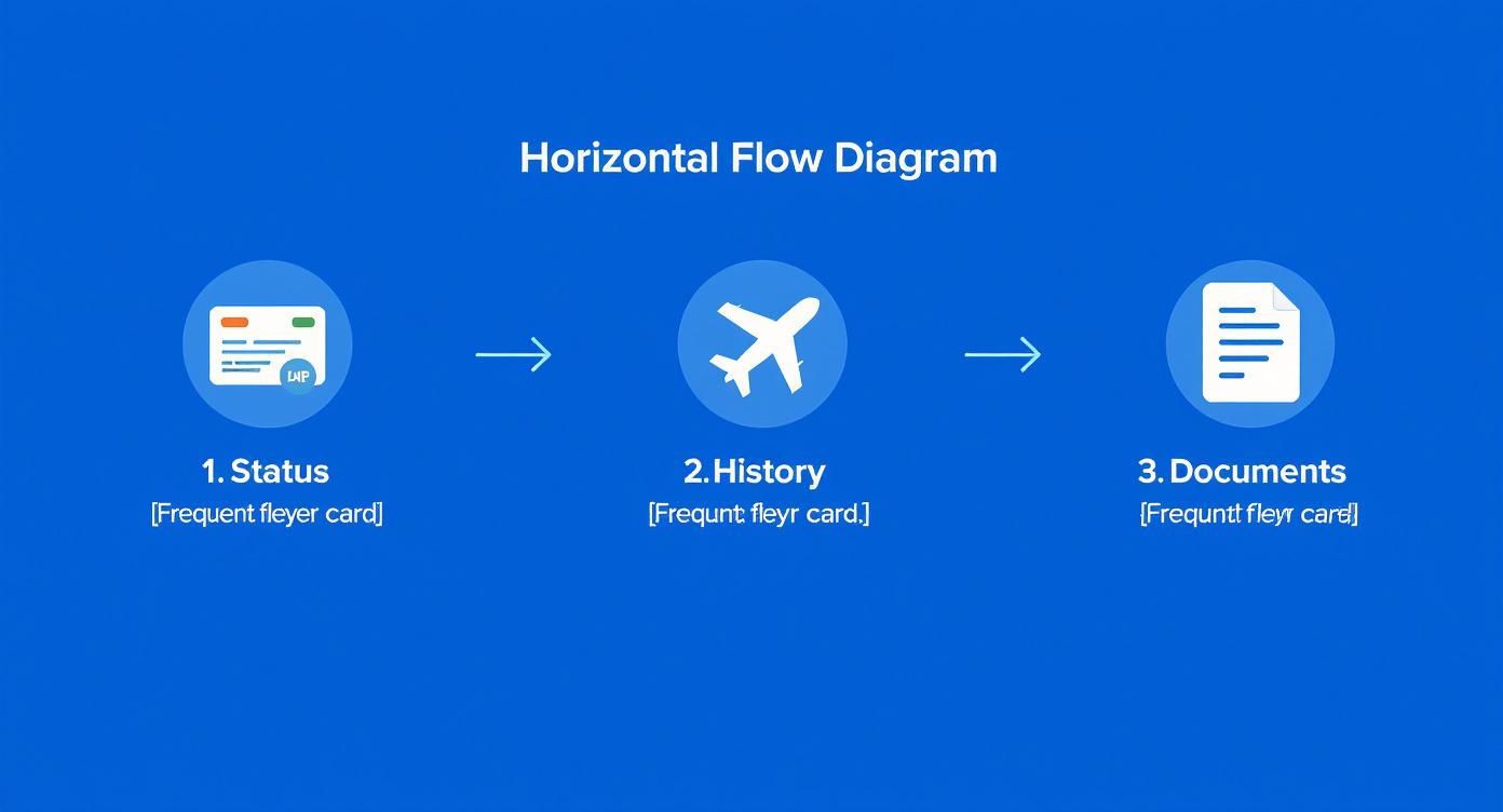 Infografik, die den dreistufigen Prozess für Status-Match-Voraussetzungen zeigt: gültiger Status, Flug-Historie und korrekte Dokumente.