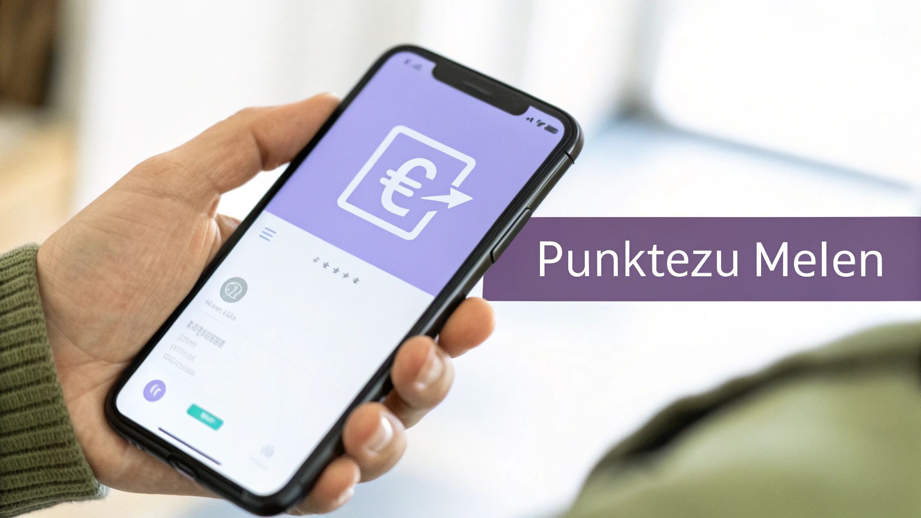 Hand hält Smartphone mit einer App, die eine digitale Transaktion oder Punkteübertragung darstellt.