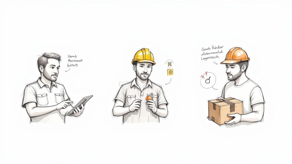 Drei Arbeiter mit Tablets und Schutzhelmen demonstrieren digitale Prozesse in der Baubranche und Logistik