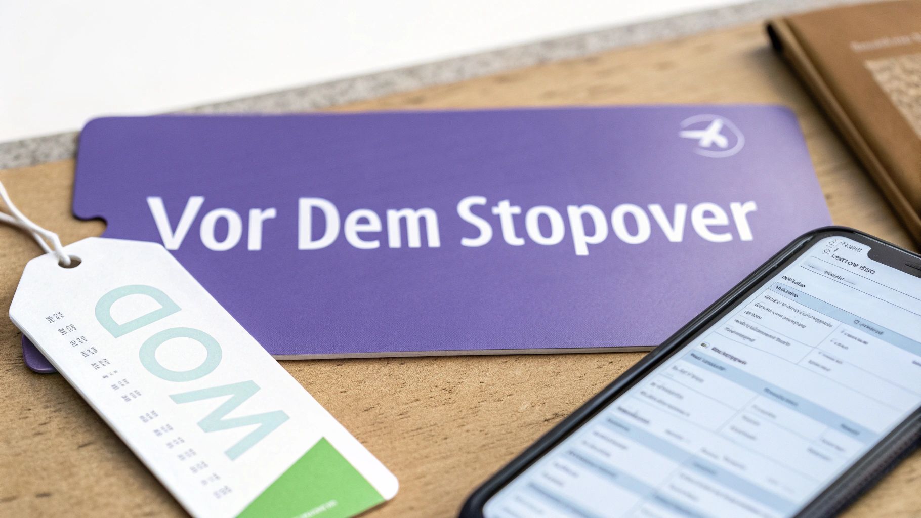 Lila Karte mit der Aufschrift 'Vor Dem Stopover', ein Smartphone und ein weißes Etikett auf Holzuntergrund.