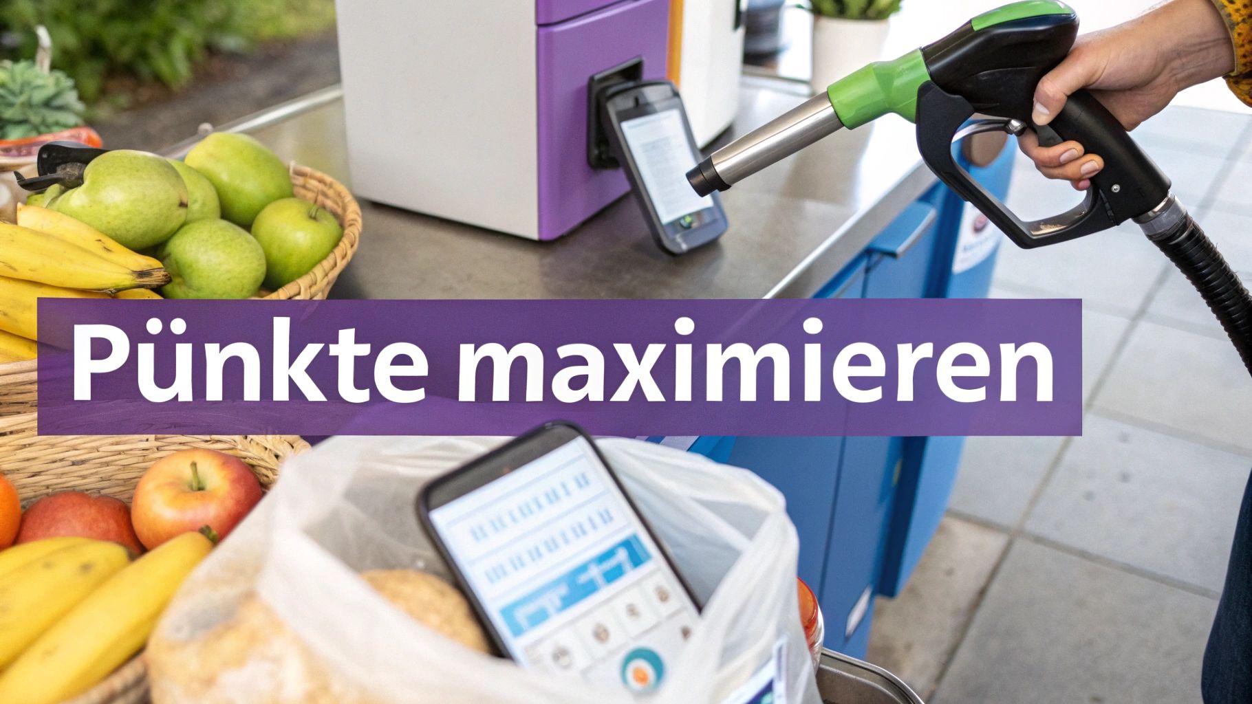 Nahaufnahme einer Hand, die eine Tankpistole hält, mit Smartphone am Terminal und Einkaufskorb, um Punkte zu maximieren.