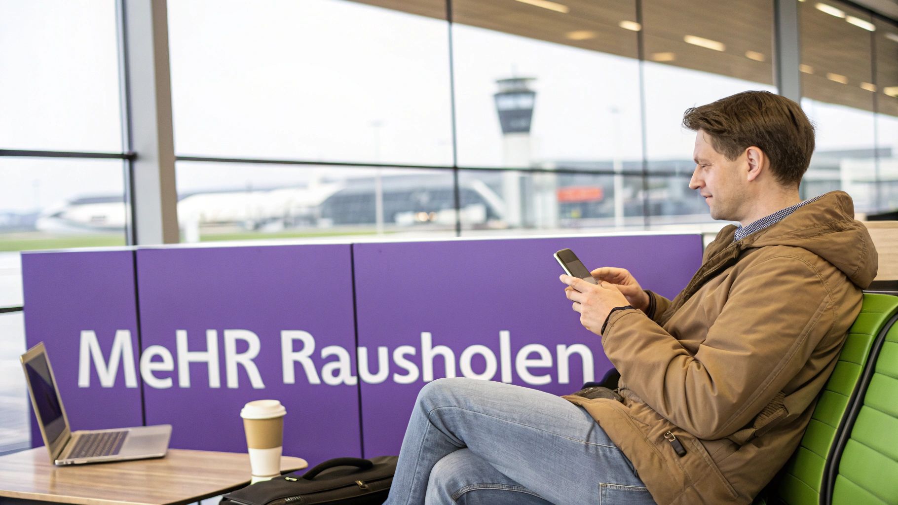 Mann nutzt Smartphone in Airport-Lounge mit Laptop und Kaffee am Tisch