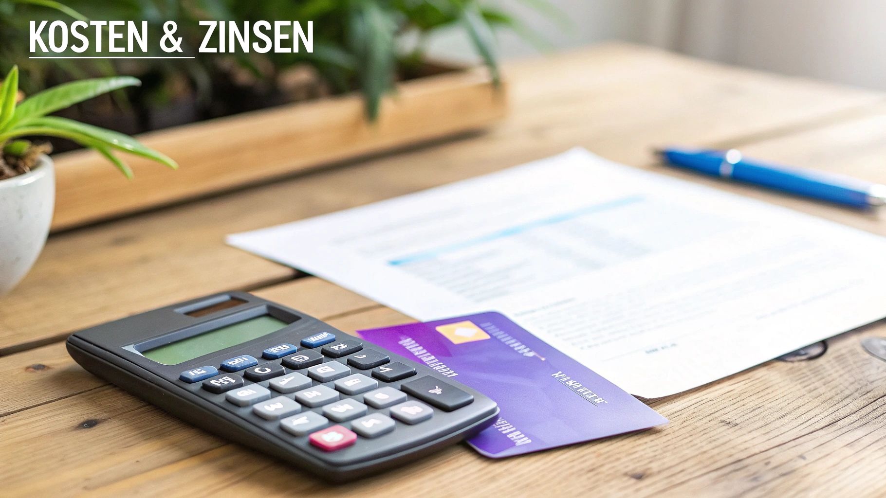 Ein Rechner, eine Kreditkarte, ein Dokument und ein Stift auf einem Holztisch mit dem Text 'KOSTEN & ZINSEN'.