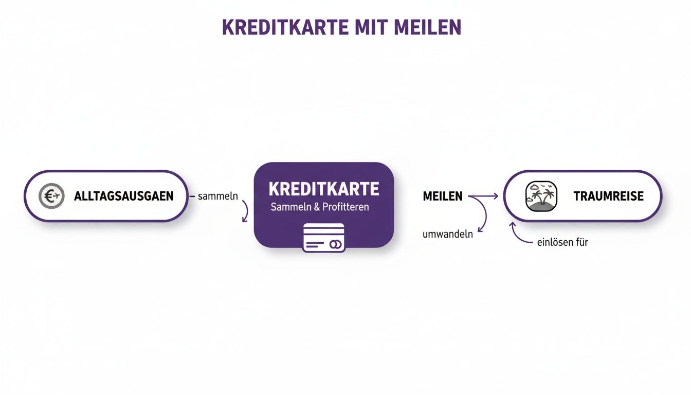Flussdiagramm zur Kreditkartenfunktion: Alltagsausgaben sammeln Meilen für eine Traumreise.
