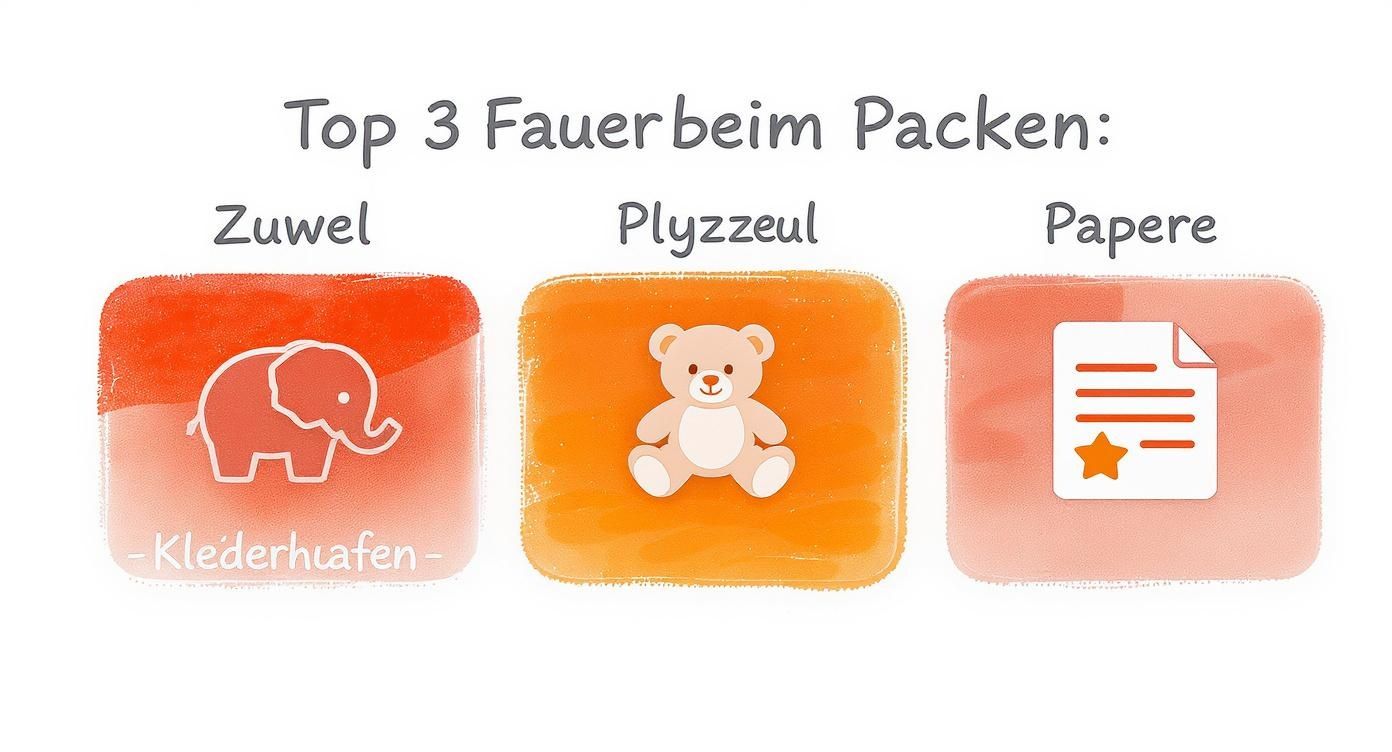 Infografik zu den drei häufigsten Fehlern beim Packen von Kindergepäck, darunter zu viel Kleidung, zu viel Spielzeug und vergessene Dokumente.