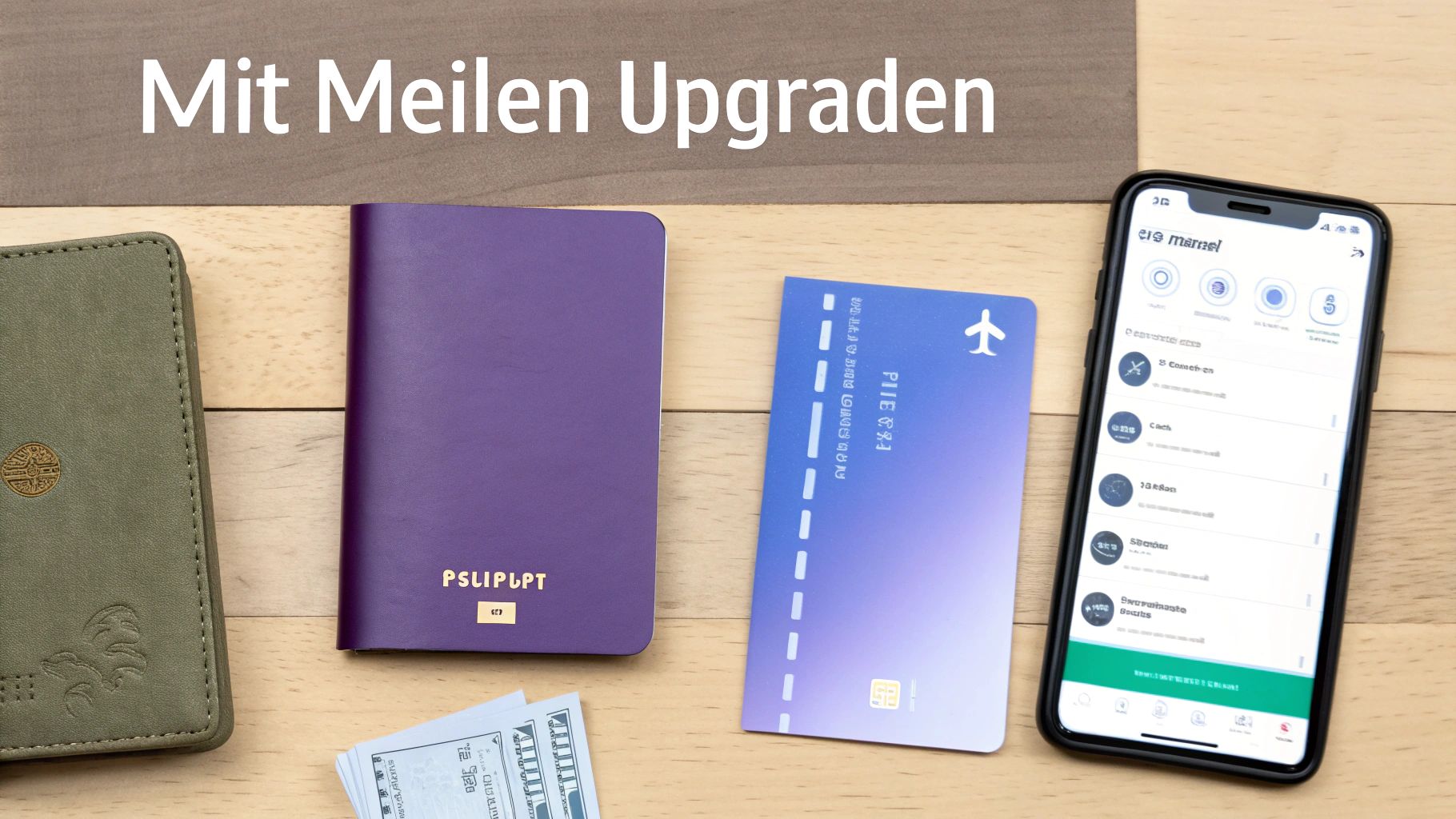 Reiseutensilien wie Reisepässe, eine Kreditkarte und ein Smartphone mit App, um Flüge mit Meilen zu upgraden.
