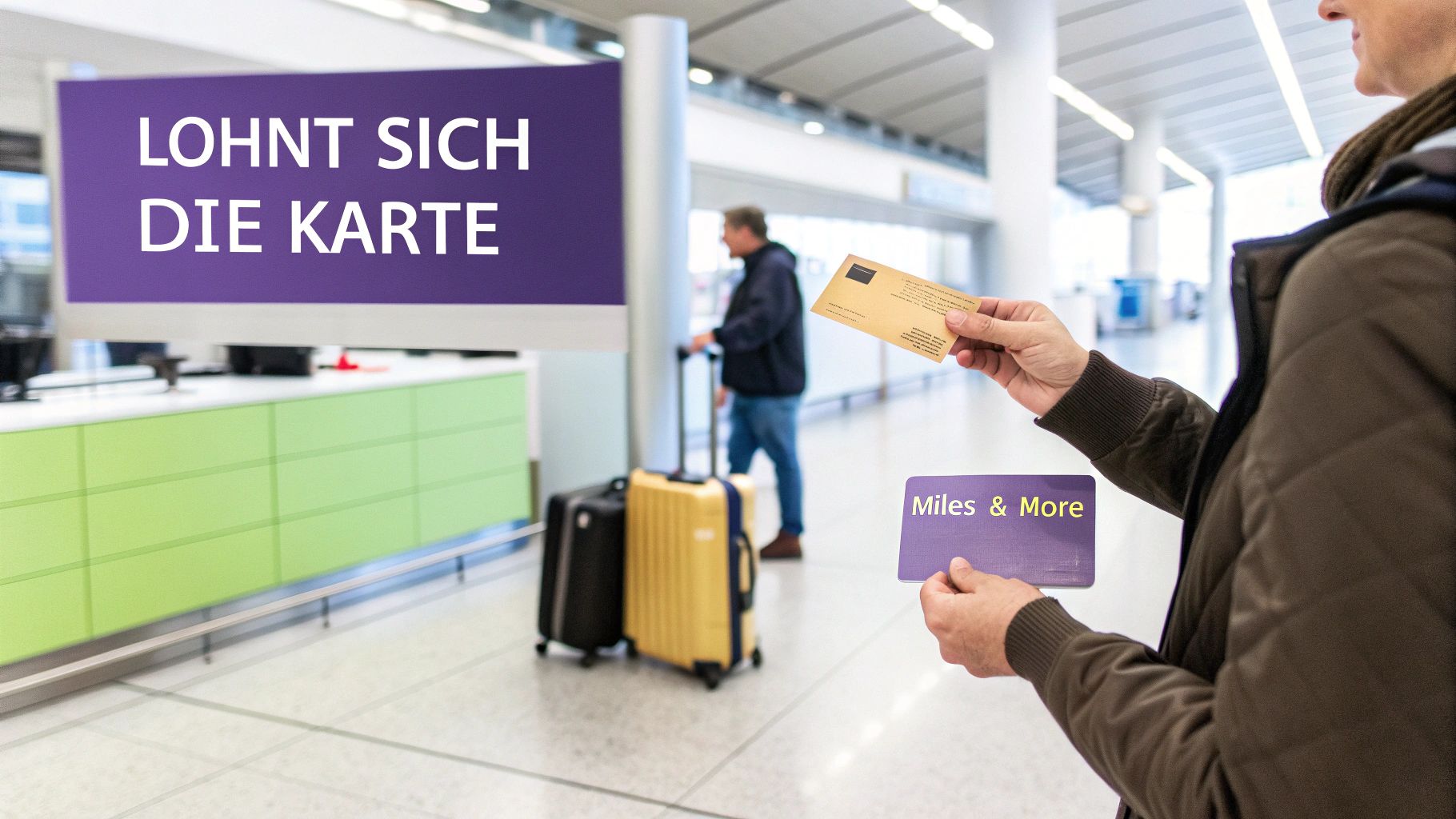 Eine Person hält im Flughafen eine Miles & More Karte. Im Hintergrund fragt ein Schild: "Lohnt sich die Karte?"