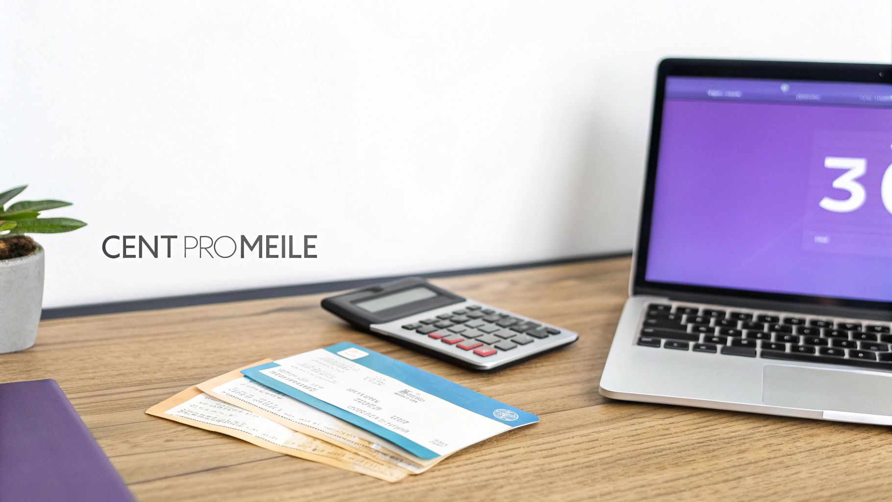 Laptop, Taschenrechner und Reiseunterlagen auf Schreibtisch für Flugmeilen-Upgrade-Berechnung