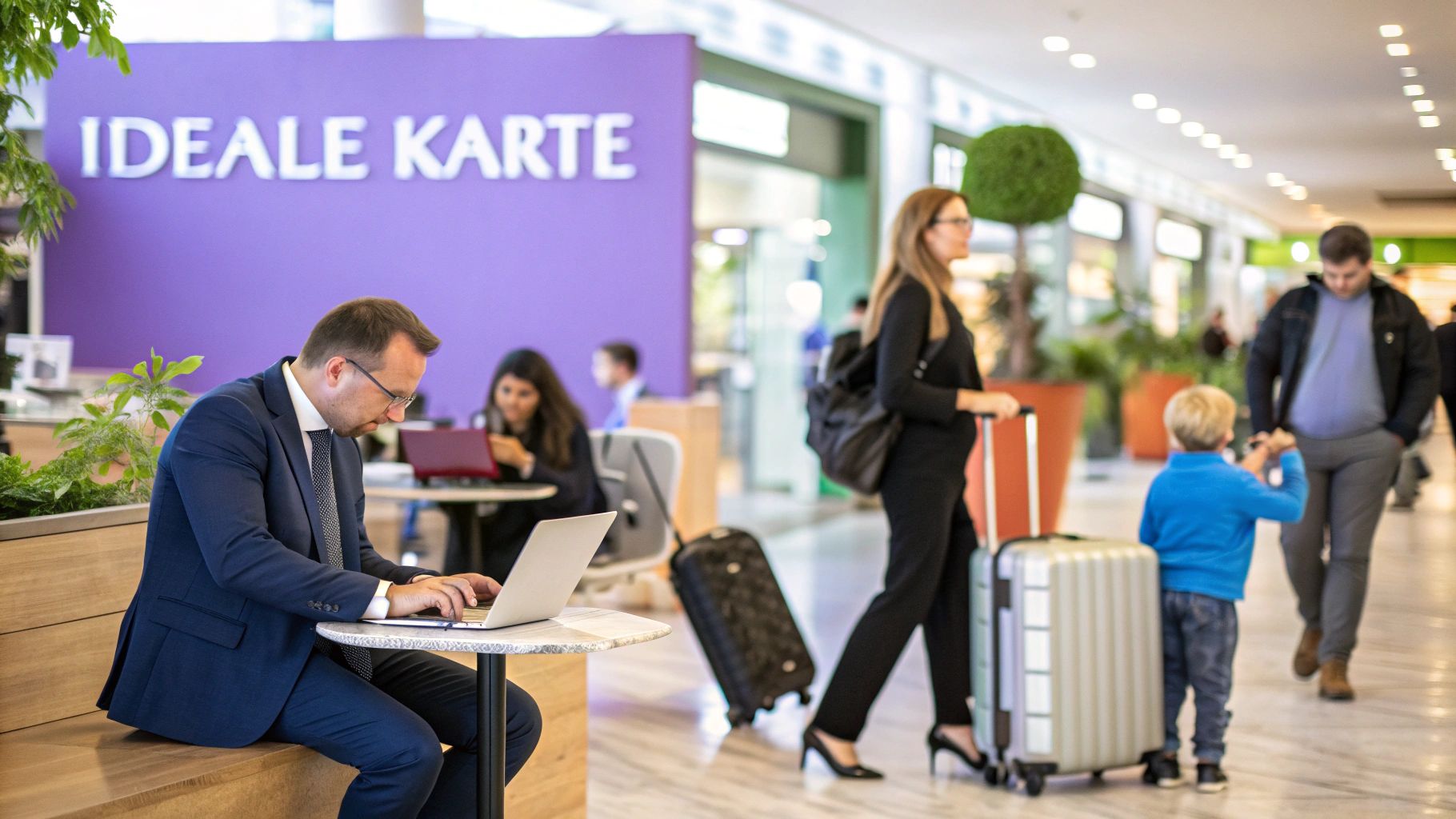 Eine Person hält eine Kreditkarte und einen Reisepass in einem Flughafen.