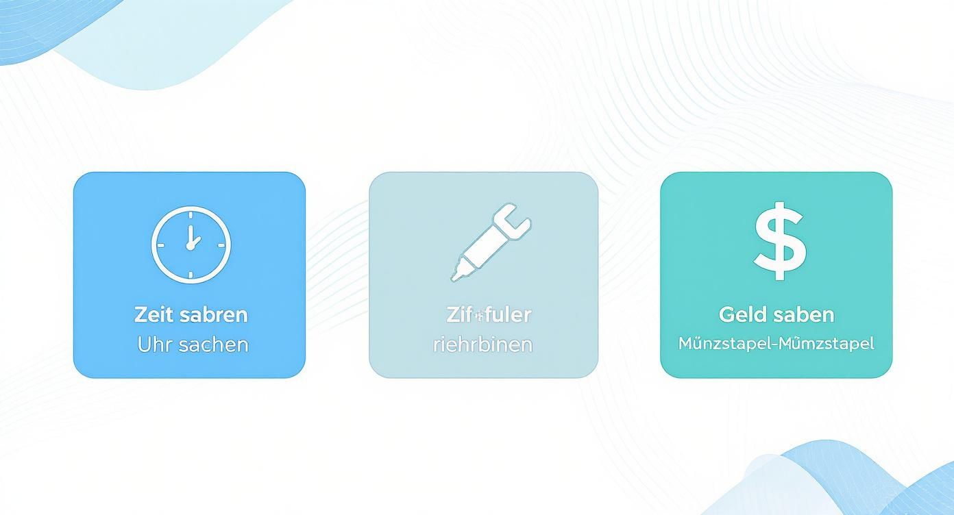 Drei Icons zeigen Vorteile der Digitalisierung: Zeit sparen mit Uhr, Ziffernfuller-Symbol und Geld sparen mit Dollarzeichen