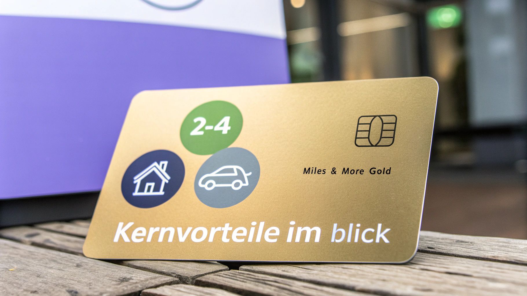 Goldene Miles & More Gold Kreditkarte auf Holztisch mit Icons für Wohnen, Mobilität und 2-4 Personen.