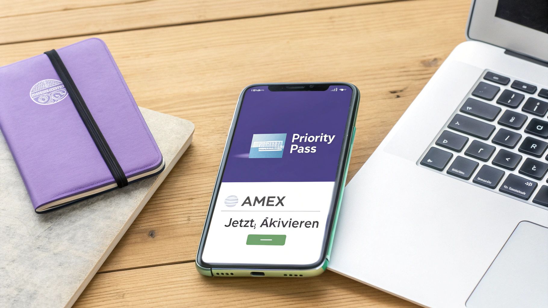 Smartphone mit Priority Pass und AMEX Anzeige, daneben Laptop und Notizbuch auf Holztisch.